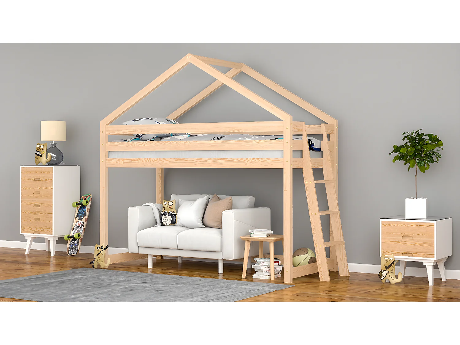 Lit mezzanine en pin massif 190x90 naturel