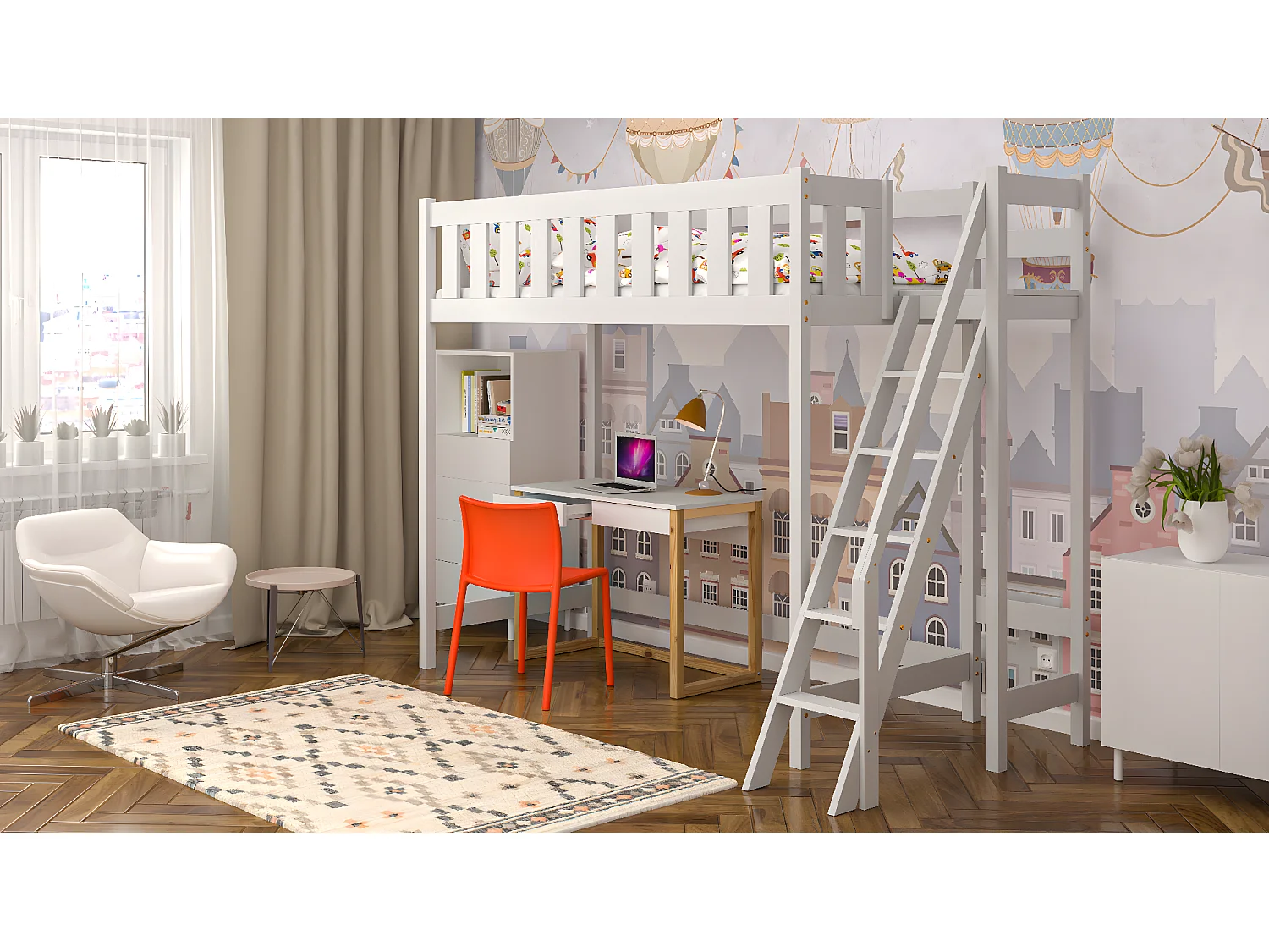 Lit mezzanine en pin massif 180x80 blanc