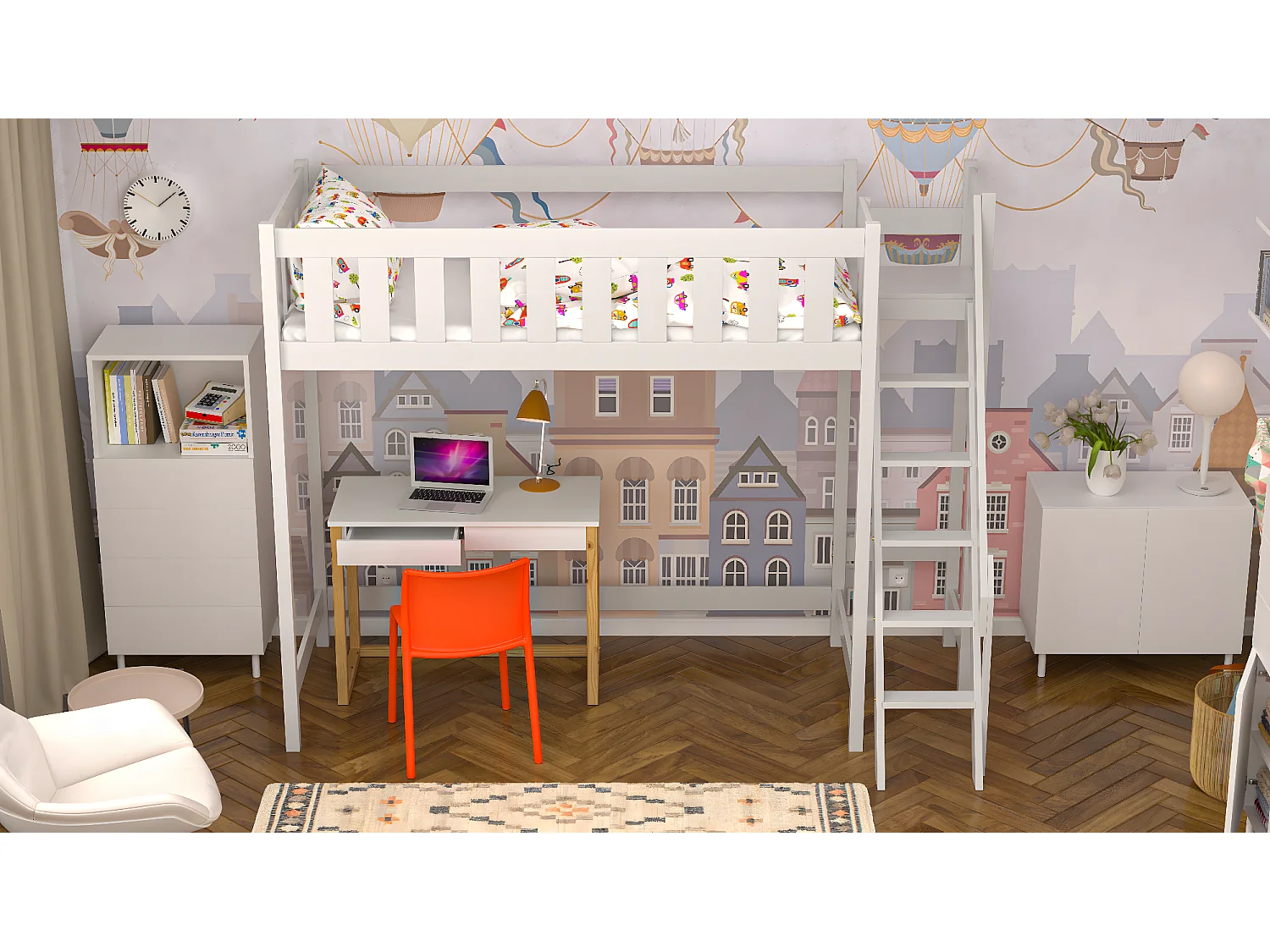 Lit mezzanine en pin massif 180x80 blanc