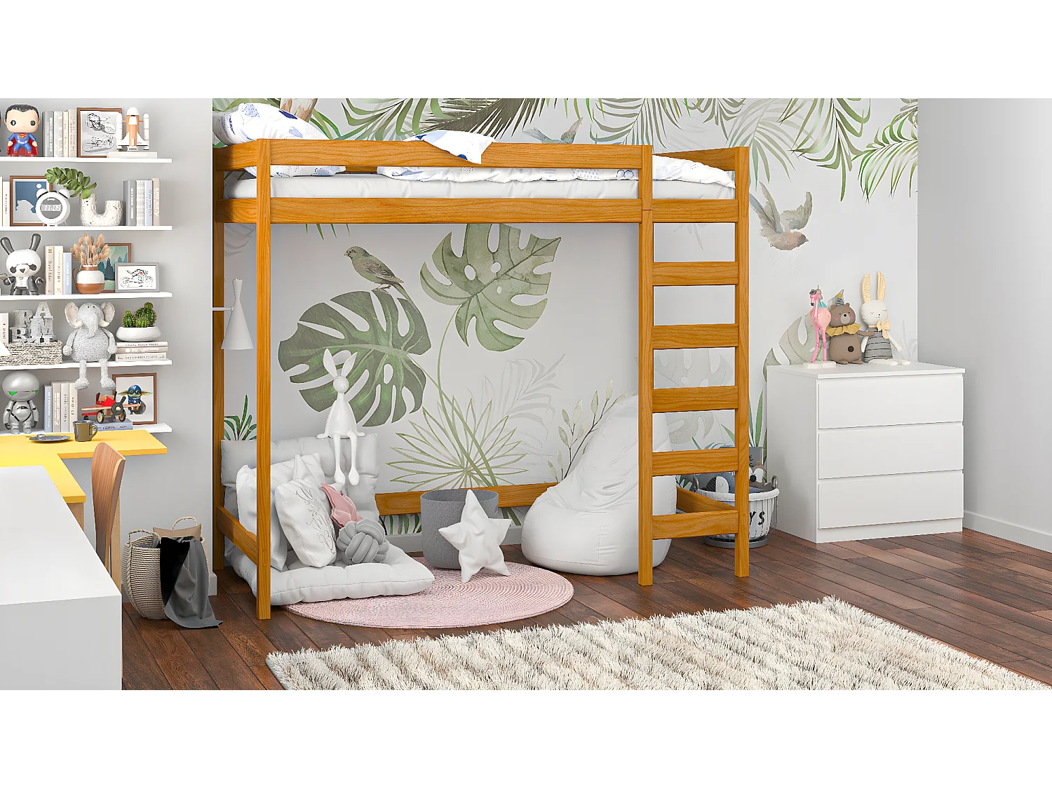 Lit mezzanine en pin massif 180x80 teck