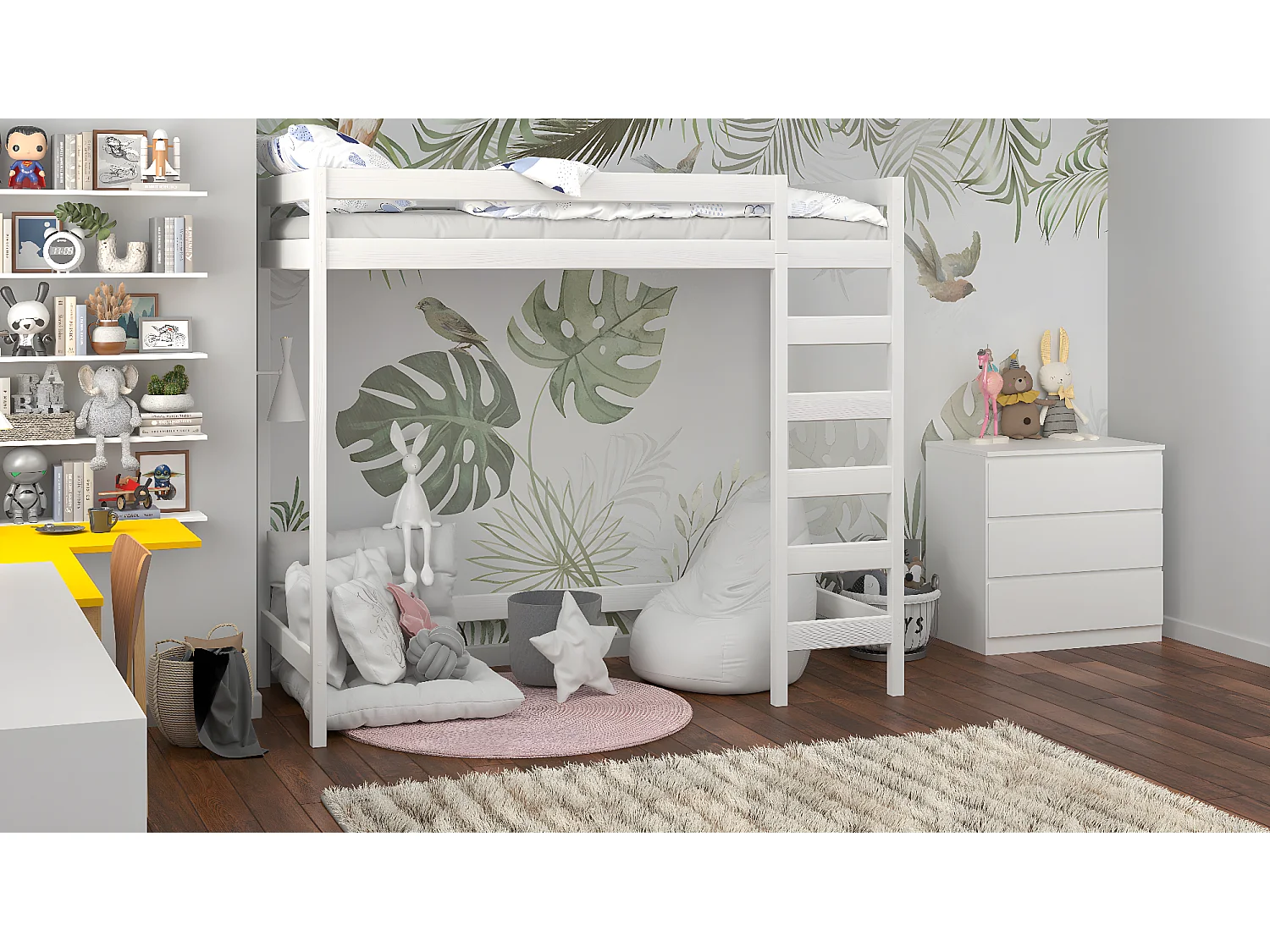 Lit mezzanine en pin massif 180x80 blanc