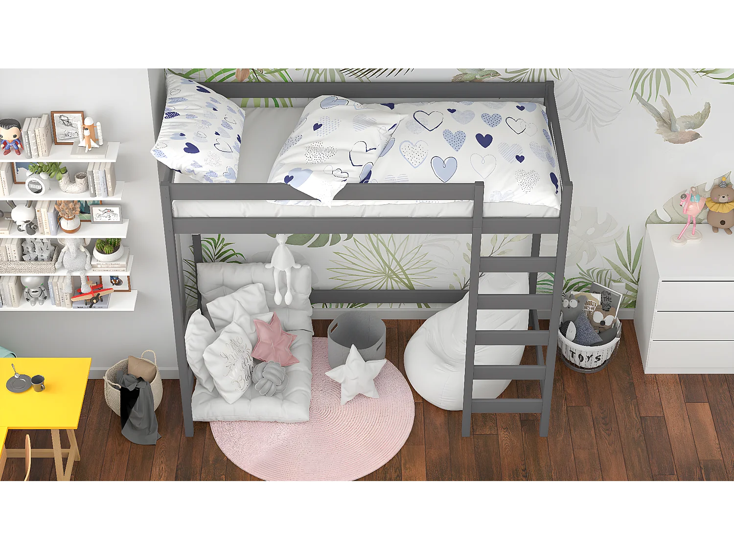 Lit mezzanine en pin massif 200x90 gris