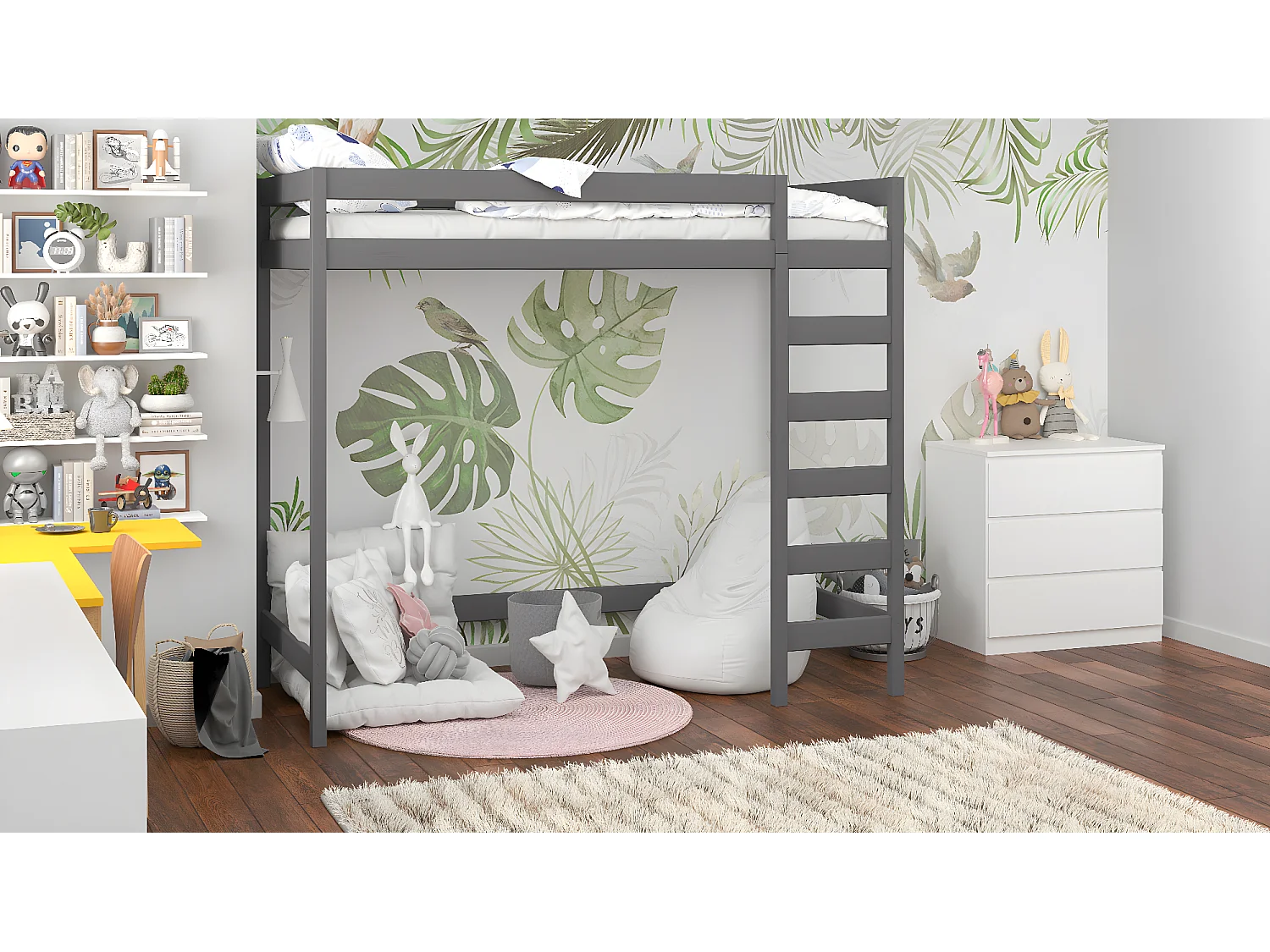 Lit mezzanine en pin massif 180x80 gris