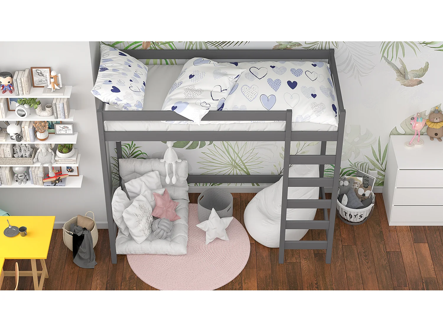 Lit mezzanine en pin massif 180x80 gris