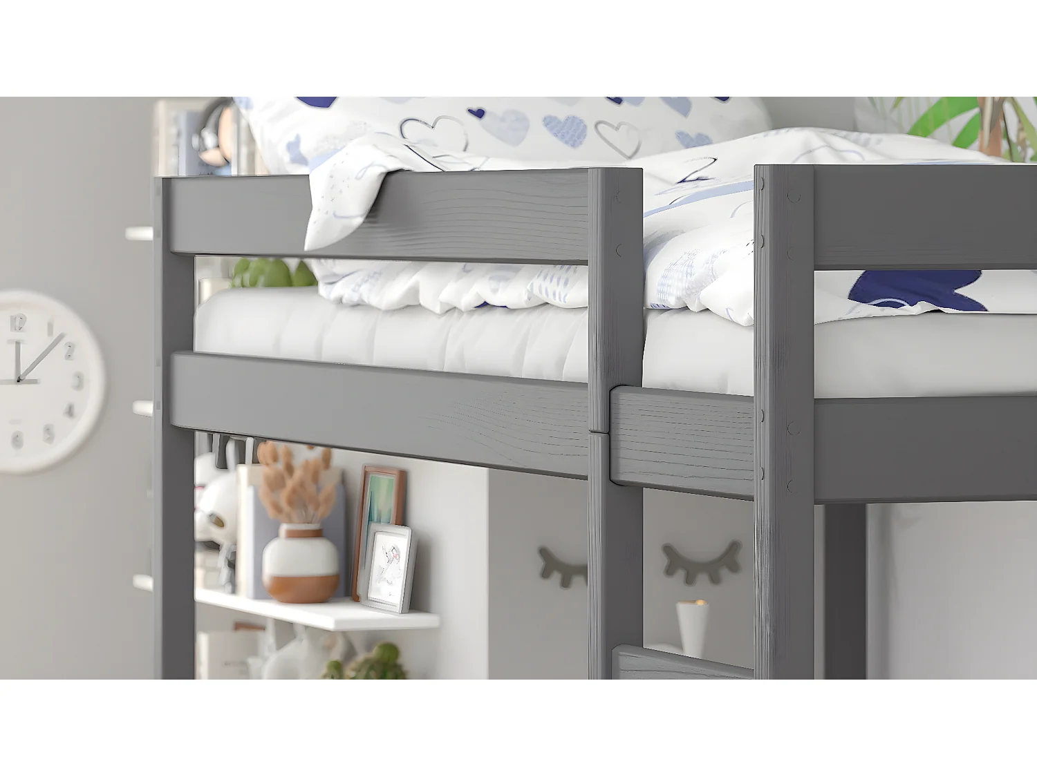 Lit mezzanine en pin massif 180x80 gris