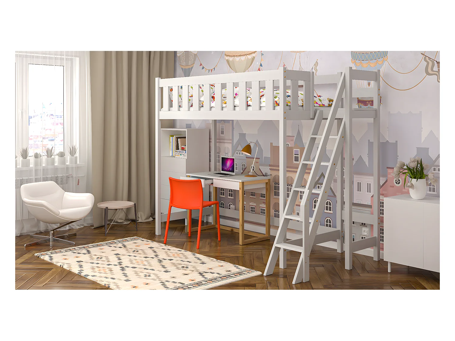 Lit mezzanine en pin massif 200x90 blanc