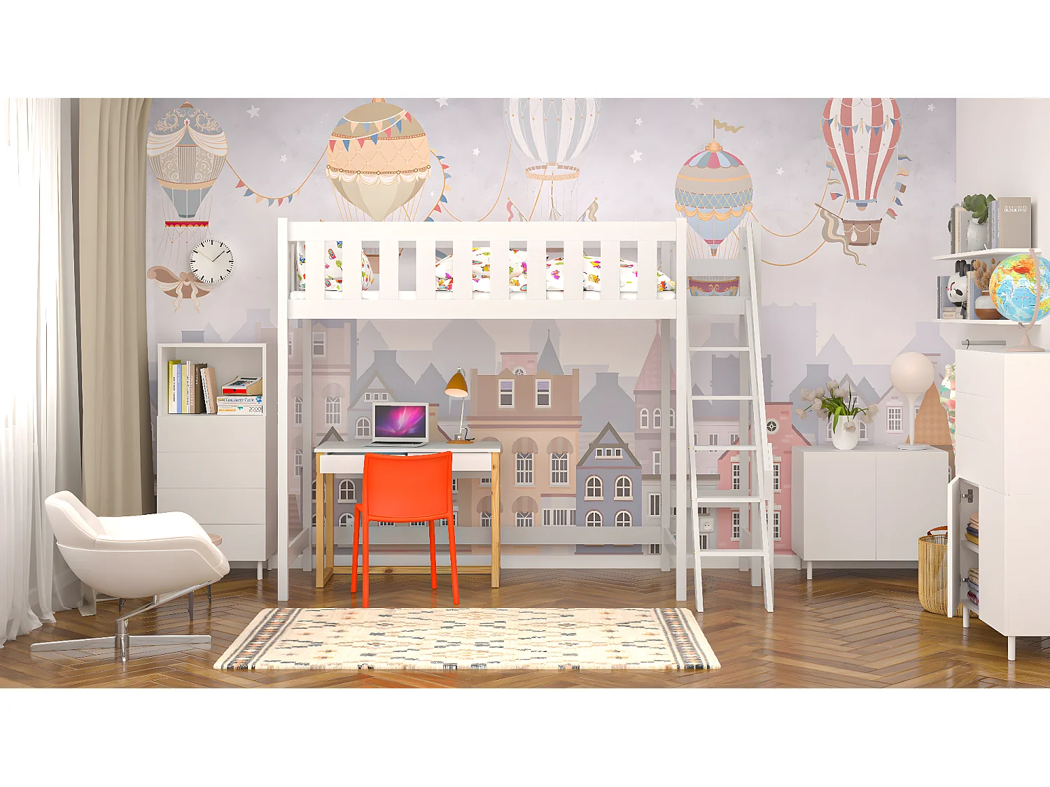 Lit mezzanine en pin massif 200x90 blanc