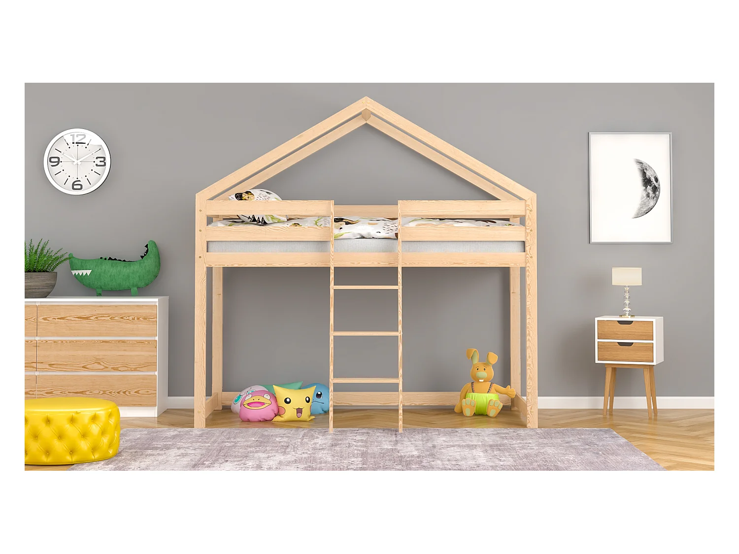 Lit mezzanine en pin massif 190x80 naturel