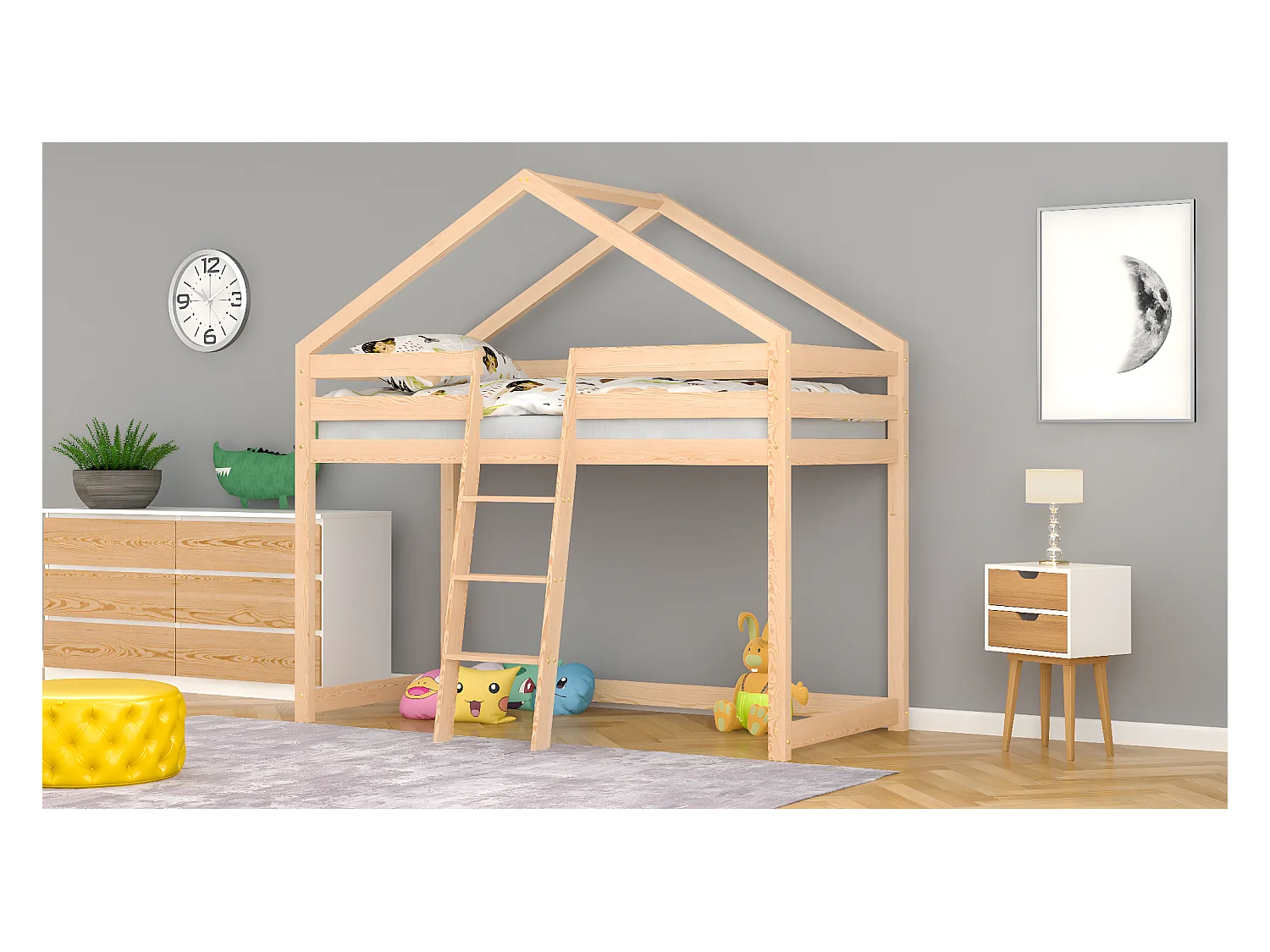 Lit mezzanine en pin massif 190x80 naturel