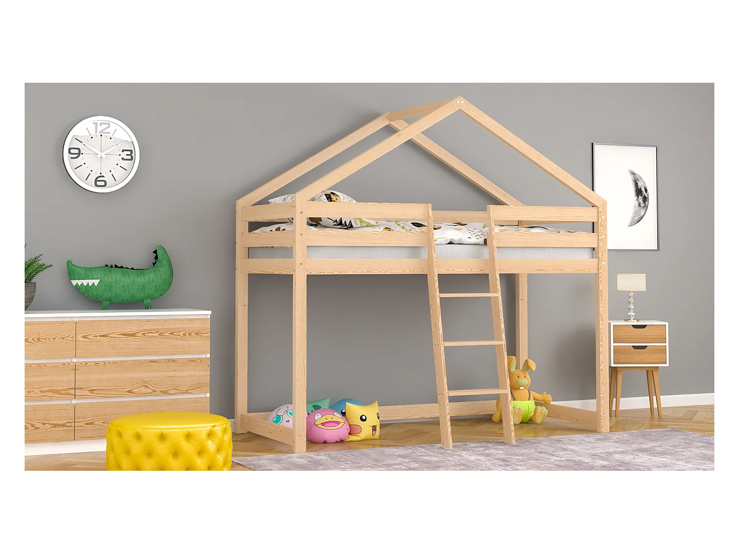 Lit mezzanine en pin massif 190x80 naturel