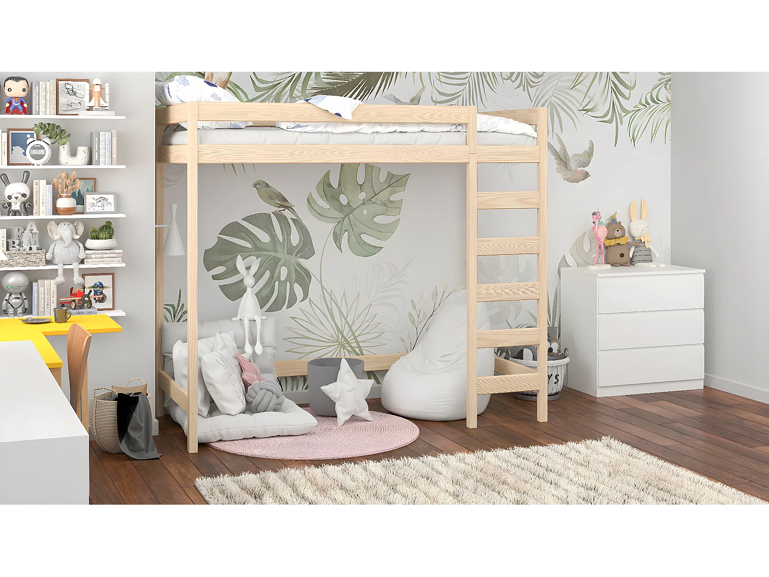 Lit mezzanine en pin massif 180x80 chêne blanchi