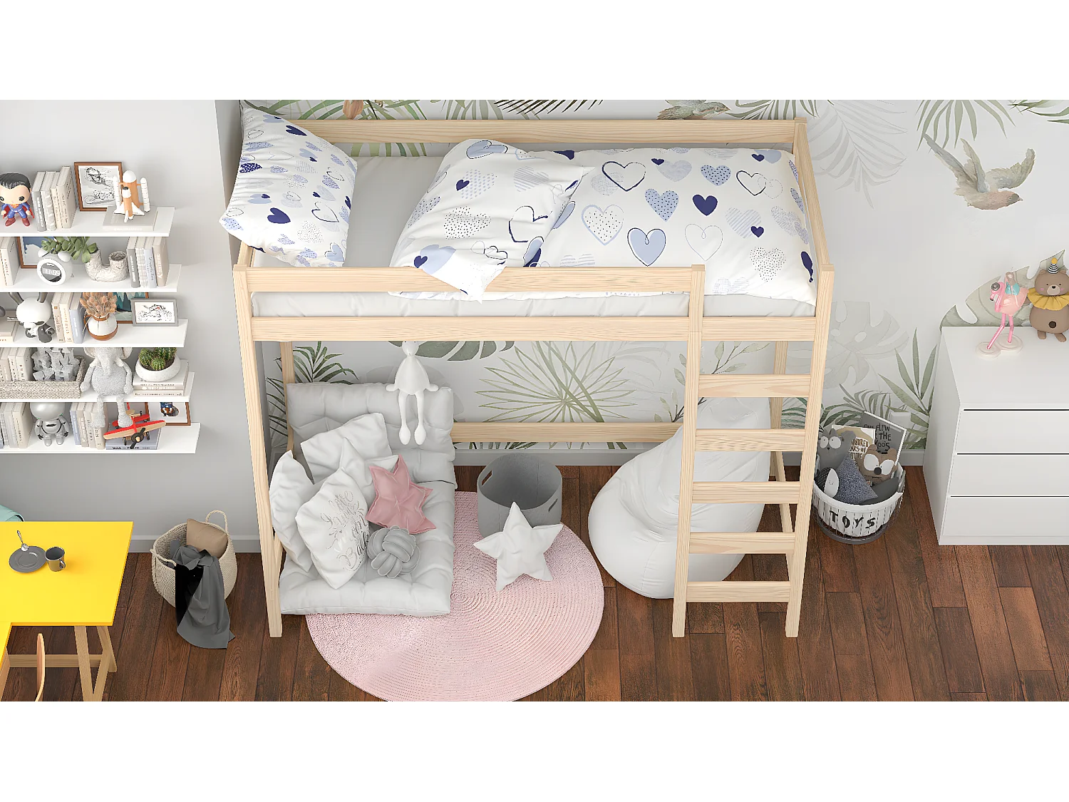 Lit mezzanine en pin massif 180x80 chêne blanchi