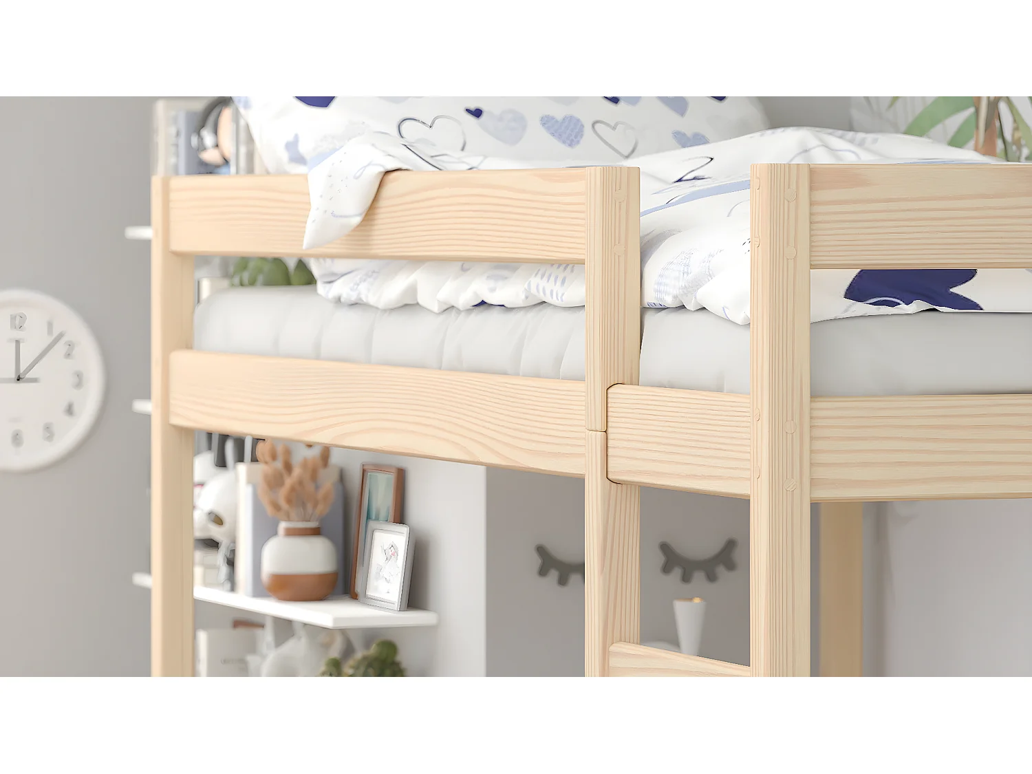 Lit mezzanine en pin massif 180x80 chêne blanchi