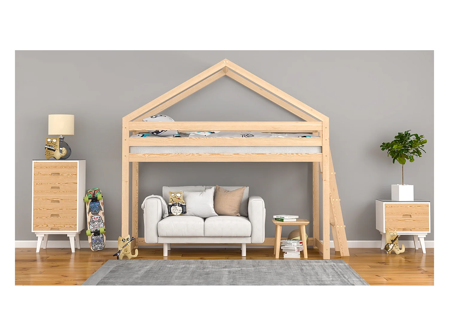 Lit mezzanine en pin massif 200x90 naturel