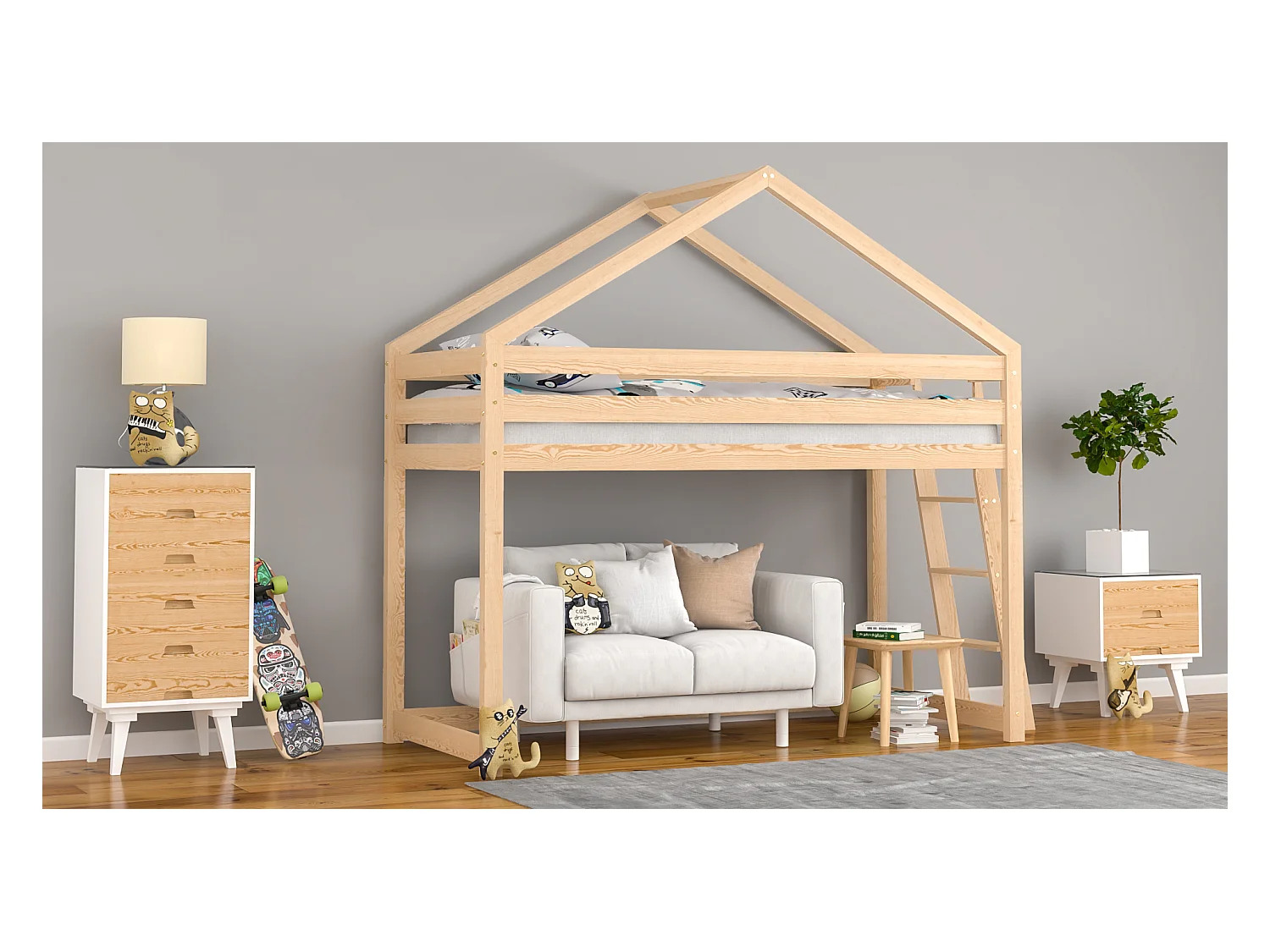 Lit mezzanine en pin massif 200x90 naturel