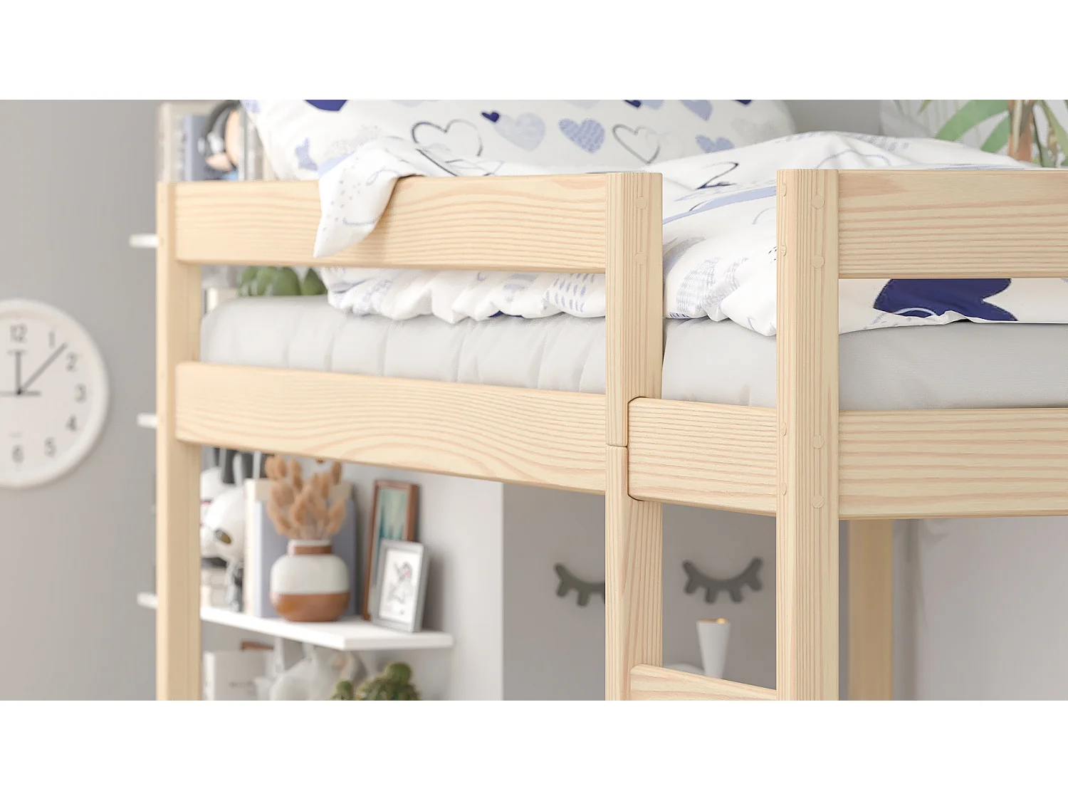 Lit mezzanine en pin massif 200x90 chêne blanchi