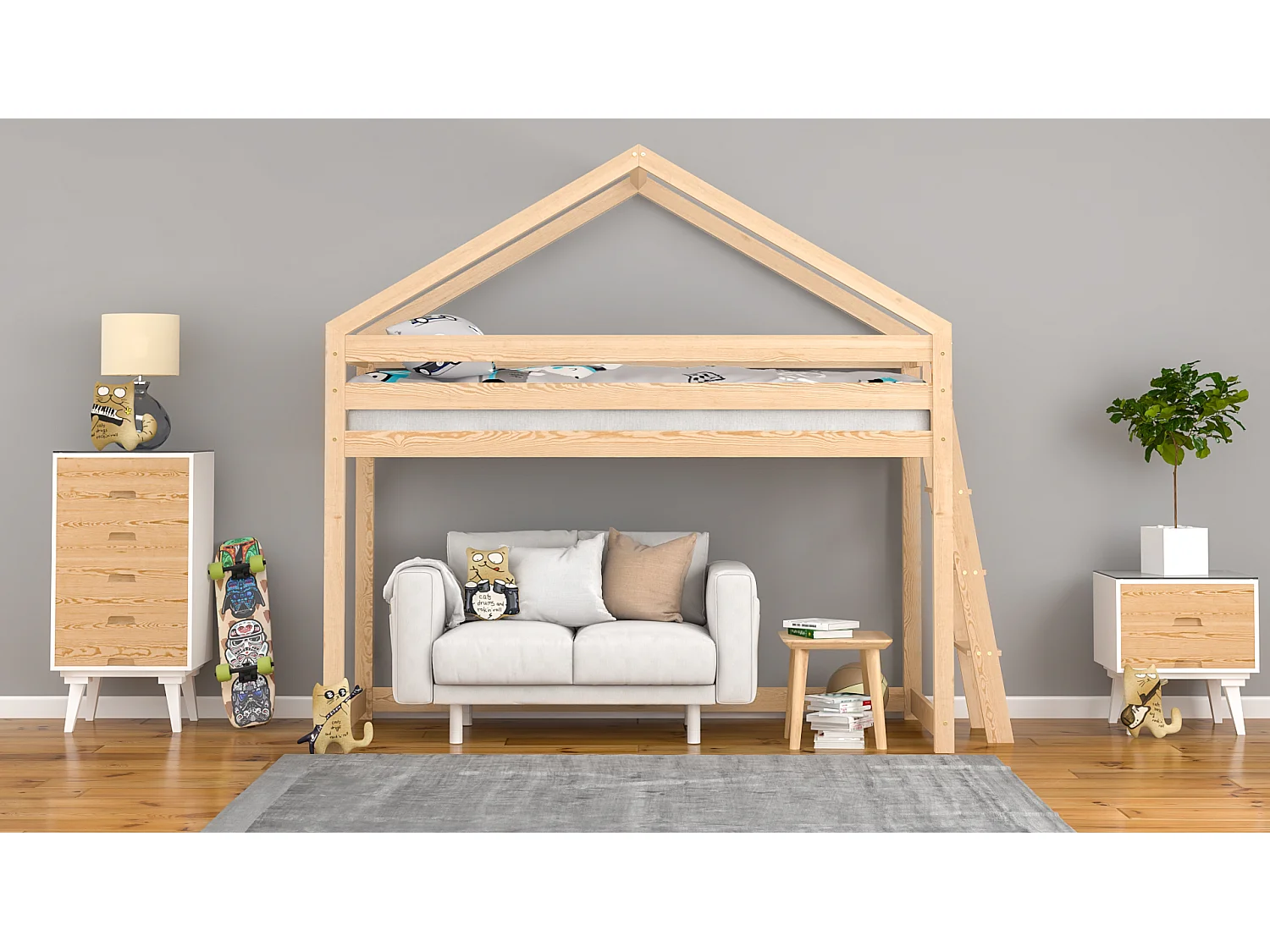 Lit mezzanine en pin massif 190x80 naturel