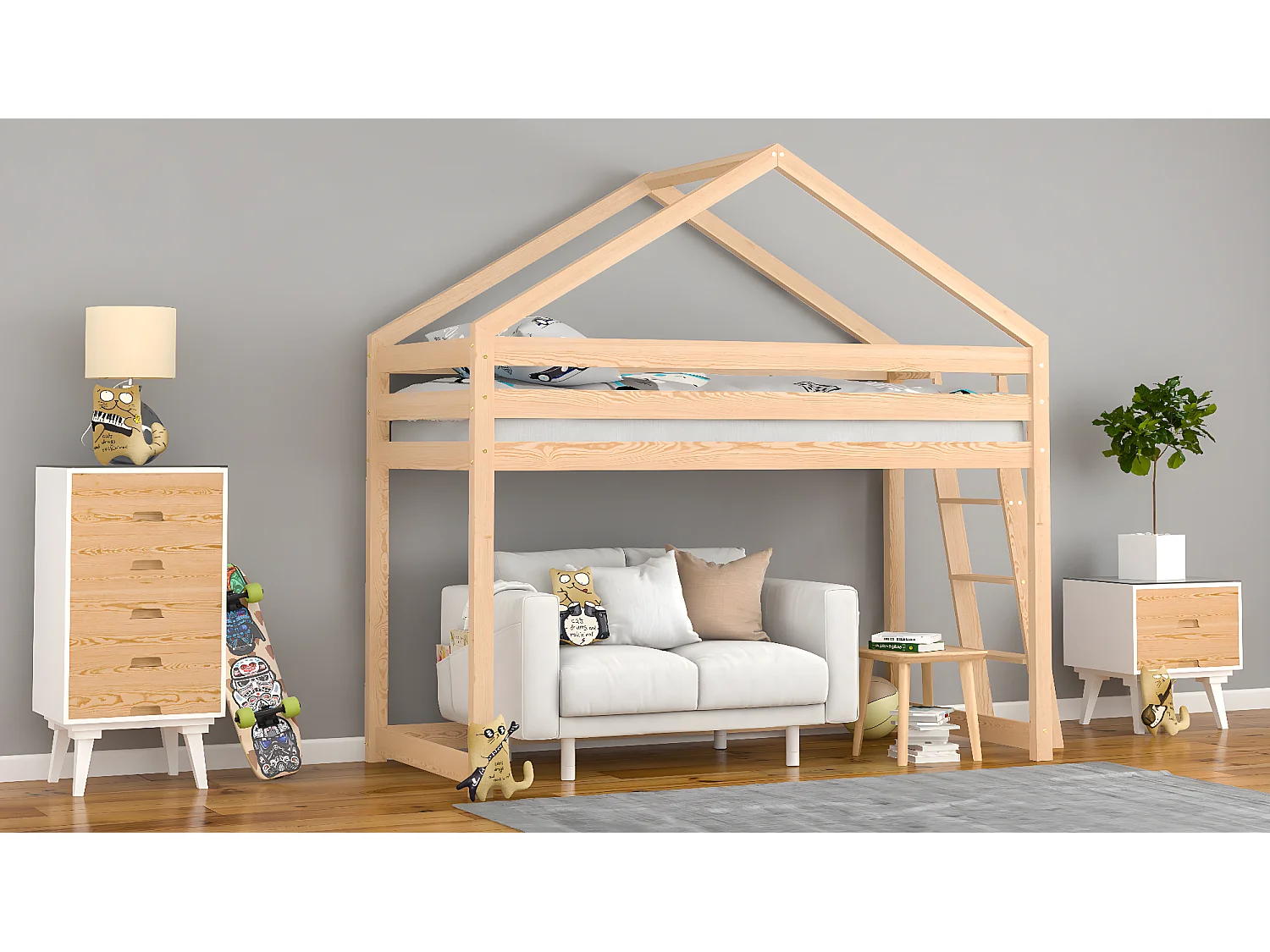 Lit mezzanine en pin massif 190x80 naturel