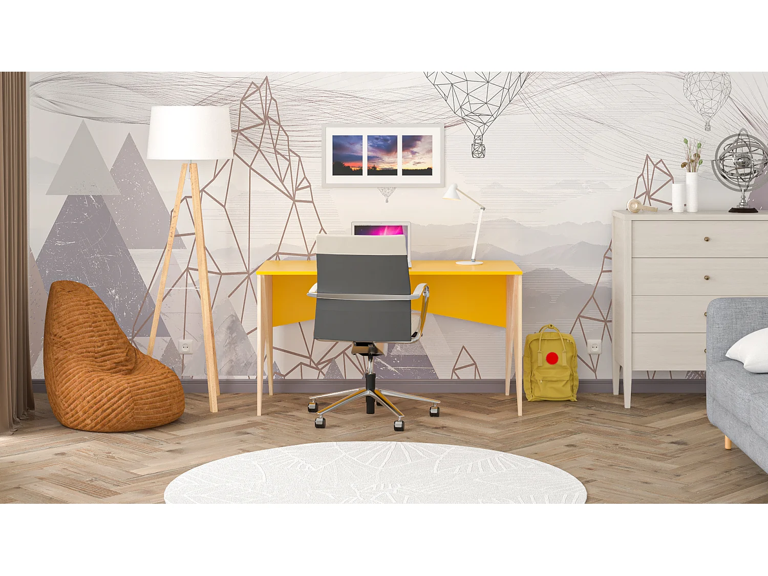 Bureau enfant en pin massif 120x60 jaune