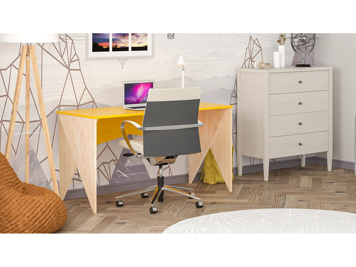 Bureau enfant en pin massif 120x60 jaune