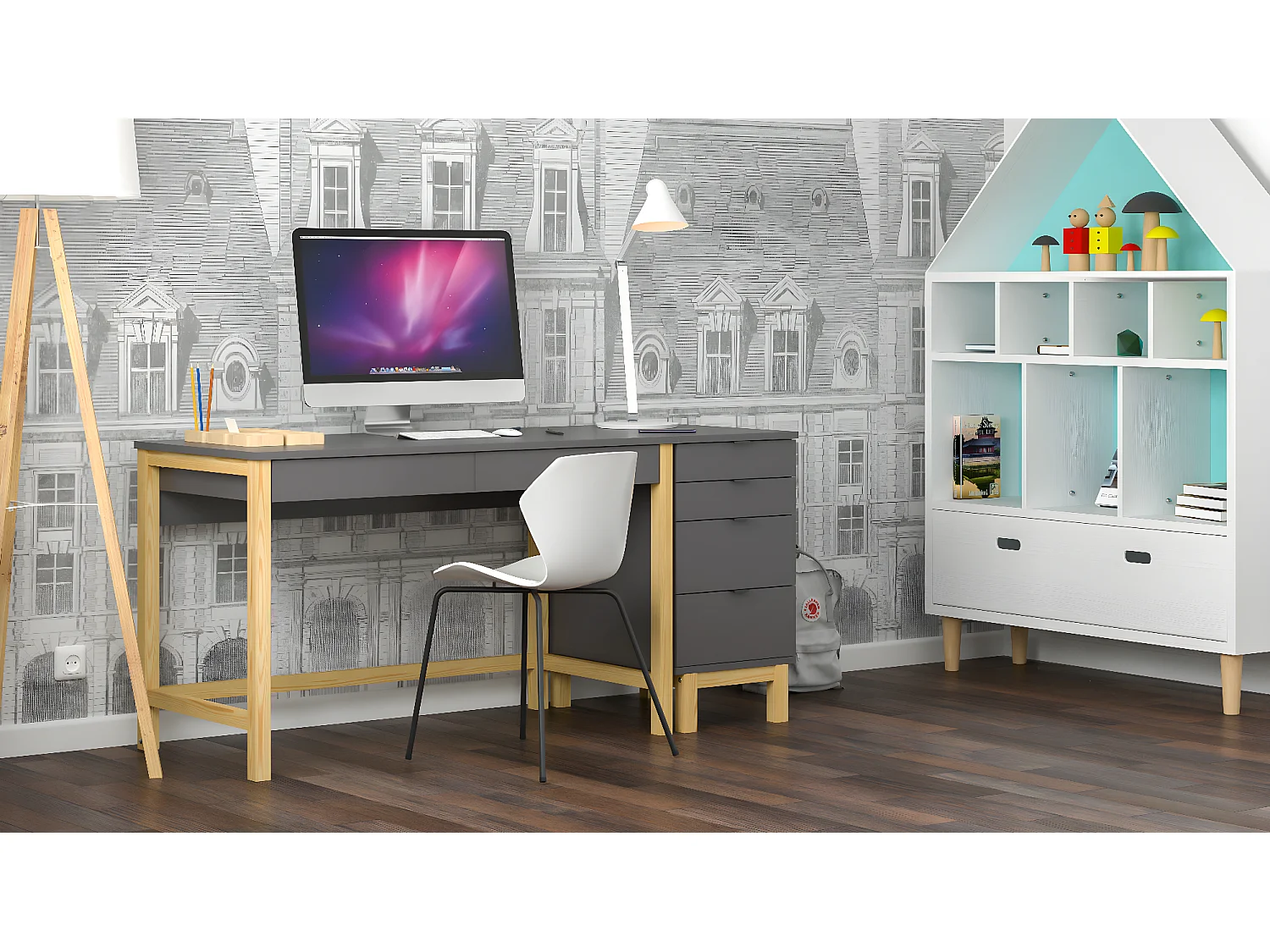 Bureau enfant en pin massif 120x60 gris foncé