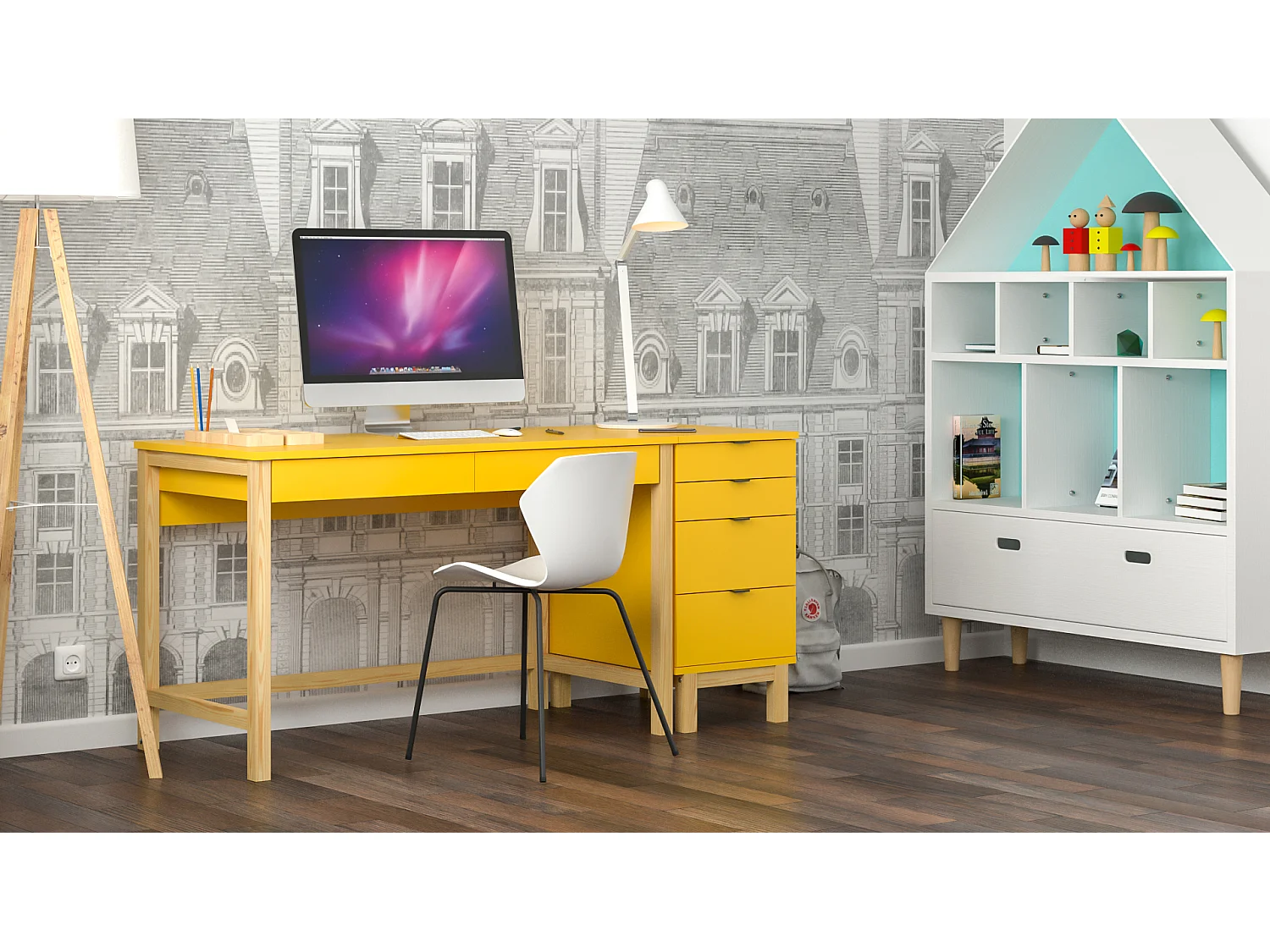 Bureau enfant en pin massif 120x60 jaune