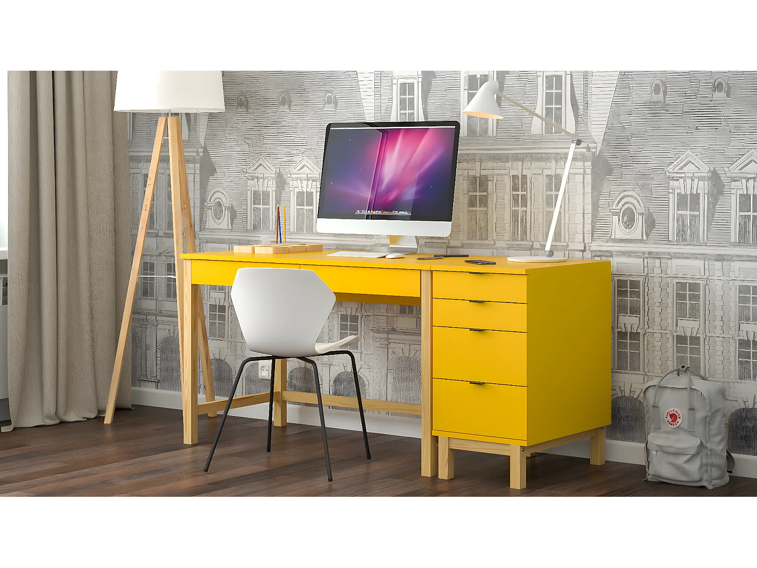 Bureau enfant en pin massif 120x60 jaune