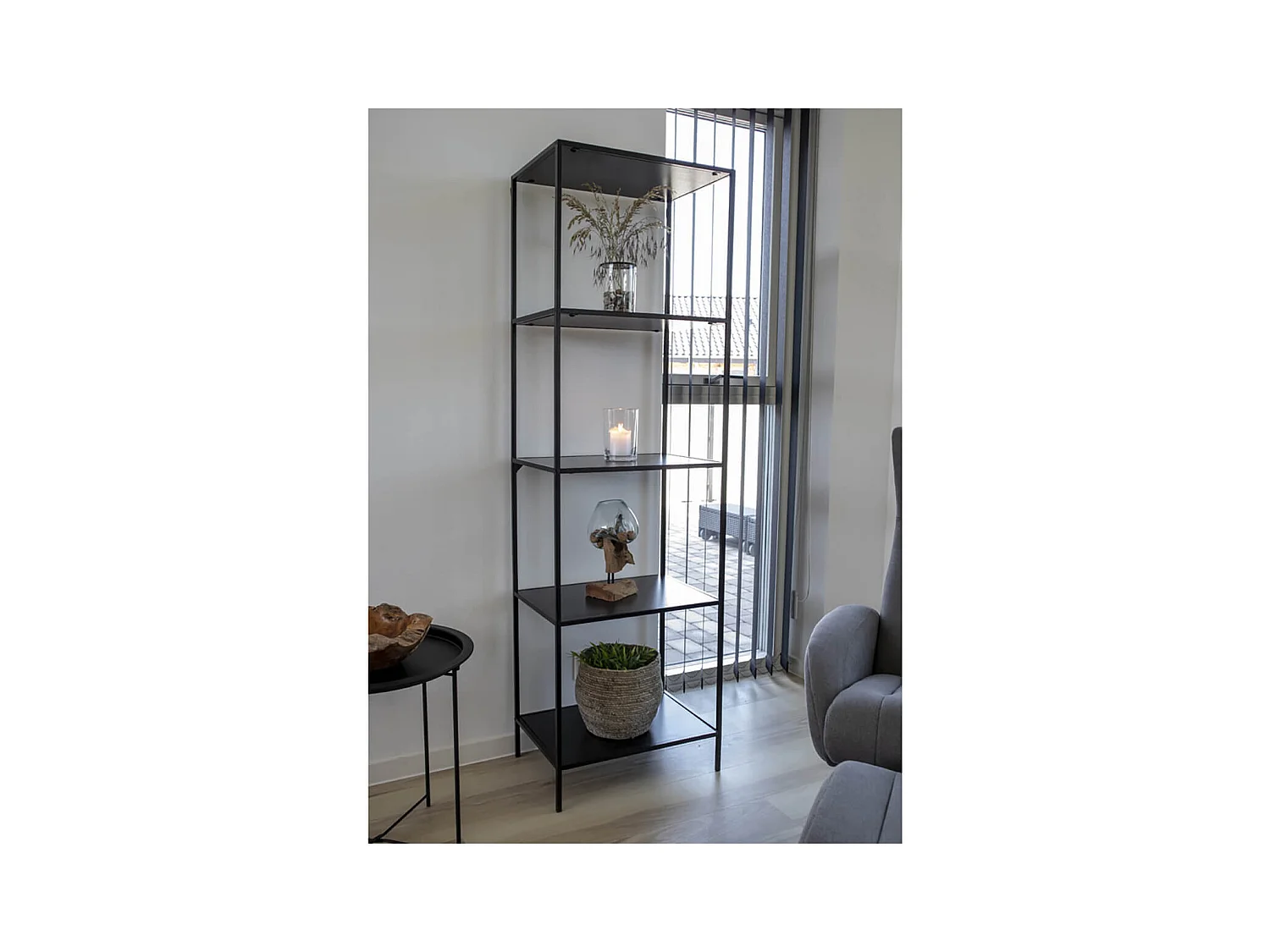 HARALD - Etagère 5 Plateaux Acier Noir et Aspect Bois Noir