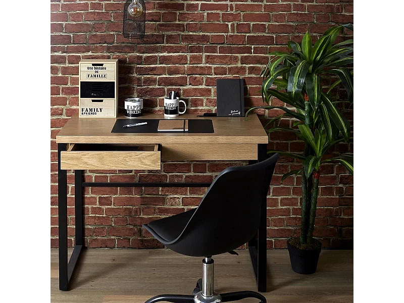 CALEB - Bureau Plateau Effet Bois et Piètement Noir