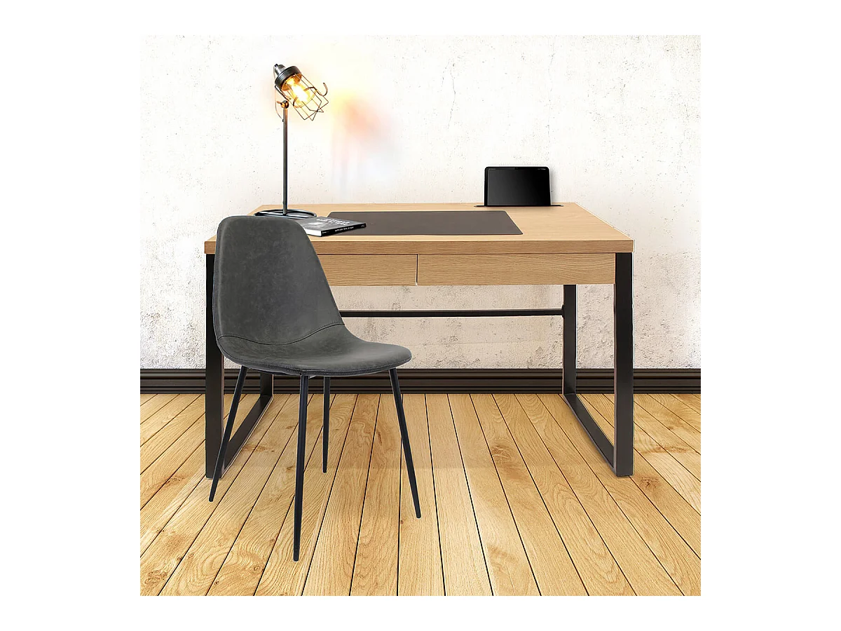 CALEB - Bureau Plateau Effet Bois et Piètement Noir