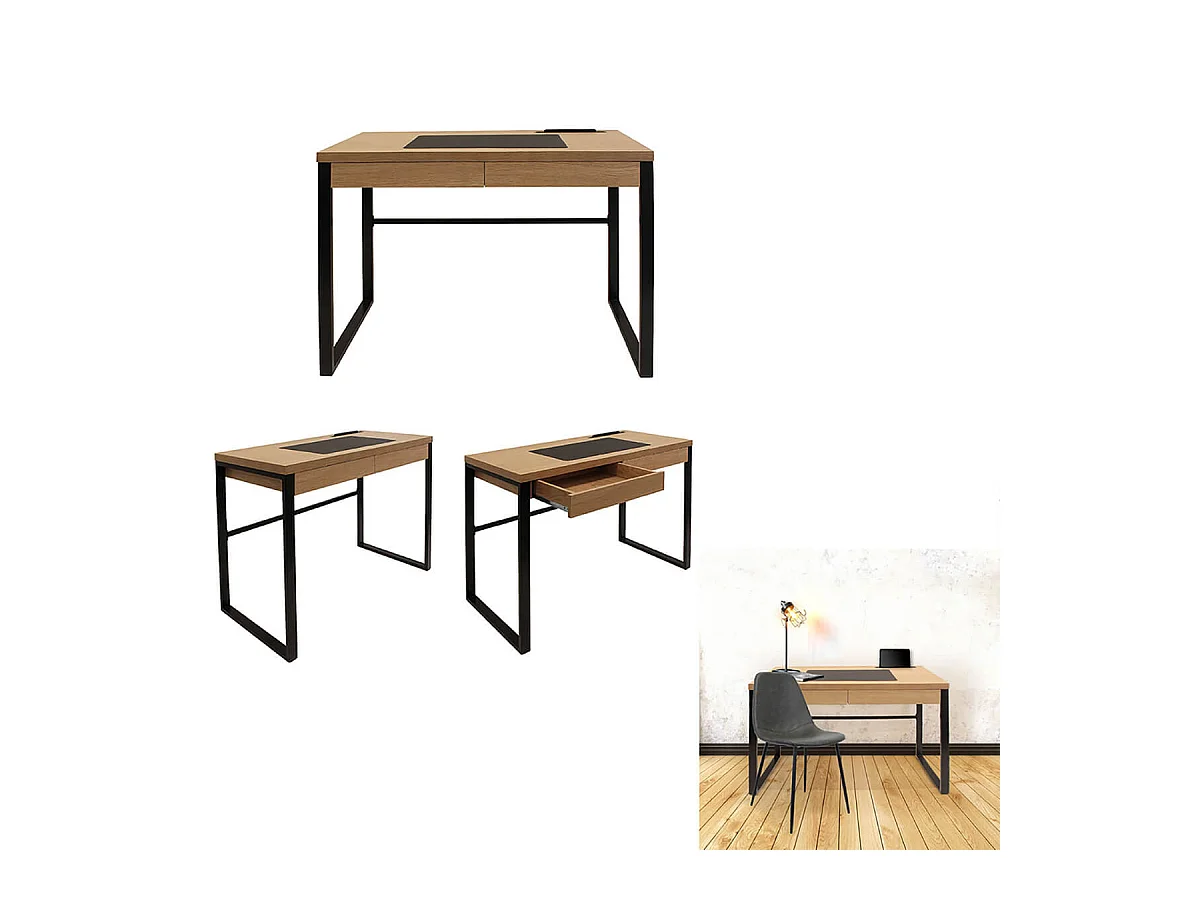 CALEB - Bureau Plateau Effet Bois et Piètement Noir