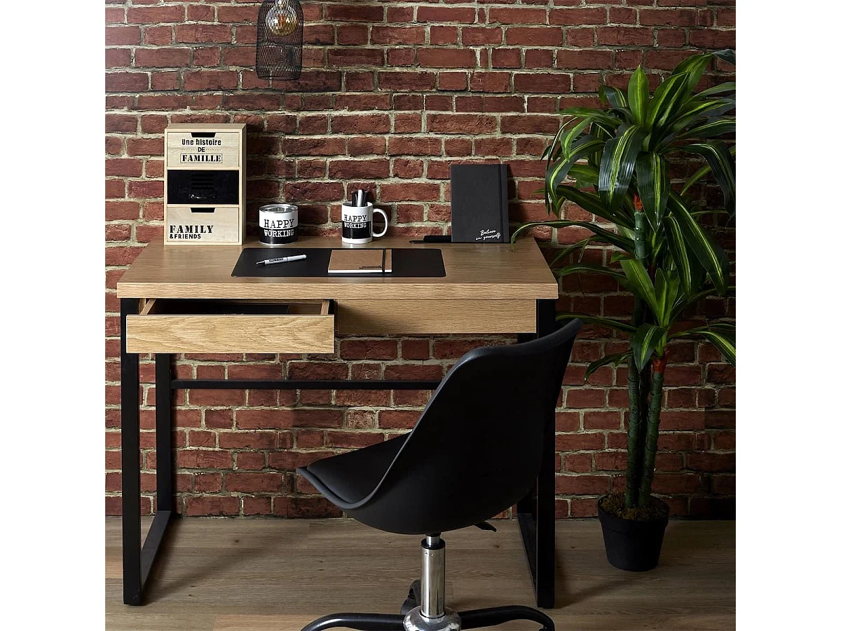 CALEB - Bureau Plateau Effet Bois et Piètement Noir