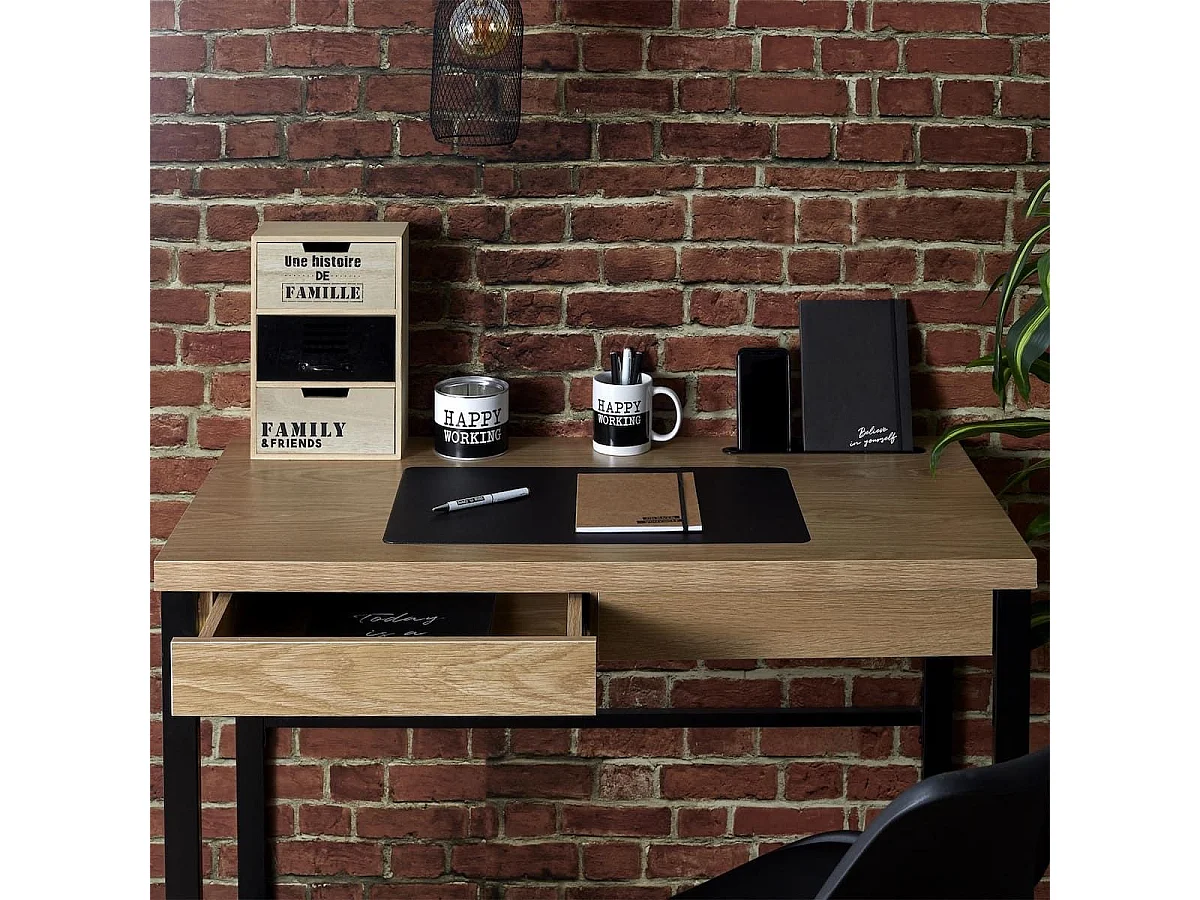 CALEB - Bureau Plateau Effet Bois et Piètement Noir