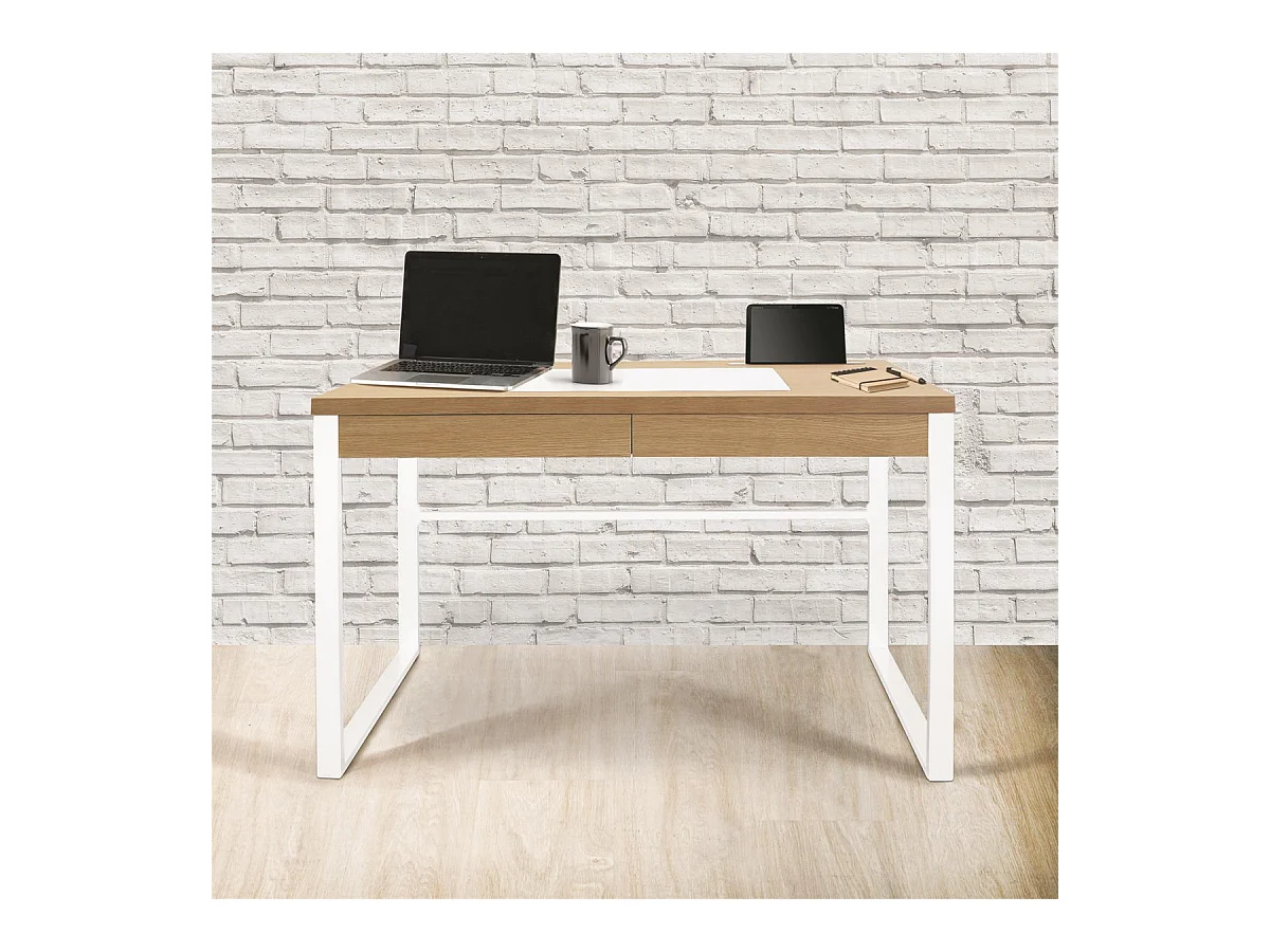 CALEB - Bureau Plateau Effet Bois et Piètement Blanc