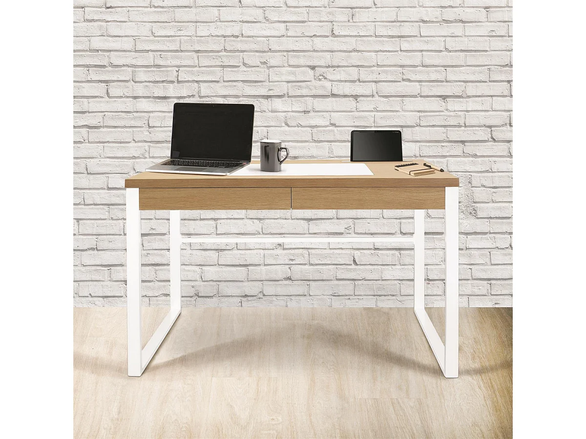 CALEB - Bureau Plateau Effet Bois et Piètement Blanc