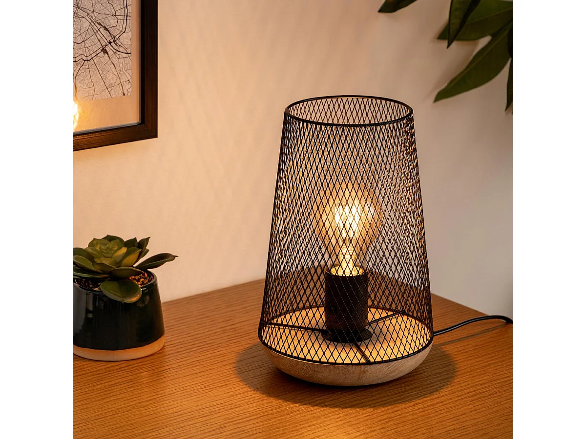 Lampe en Métal Noir et Bois H 23 cm