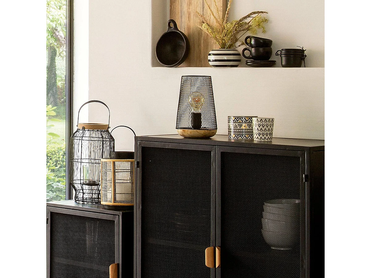 Lampe en Métal Noir et Bois H 23 cm