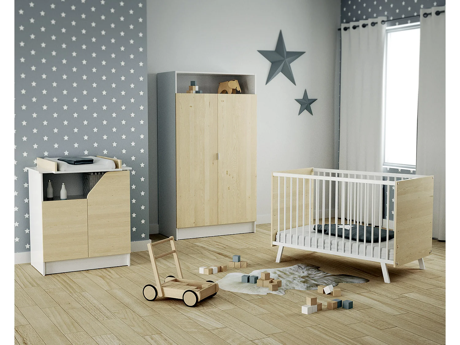 Lit bébé en bois CARNAVAL Blanc et Bouleau 60 x 120 cm