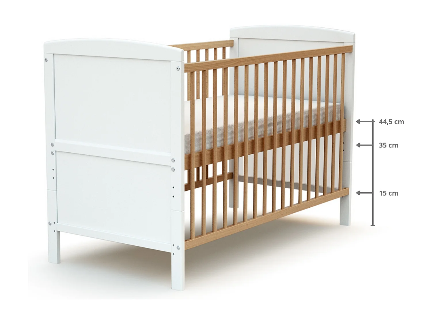 Lit bébé évolutif en bois ESSENTIEL Blanc et Hêtre Verni 60 x 120 cm