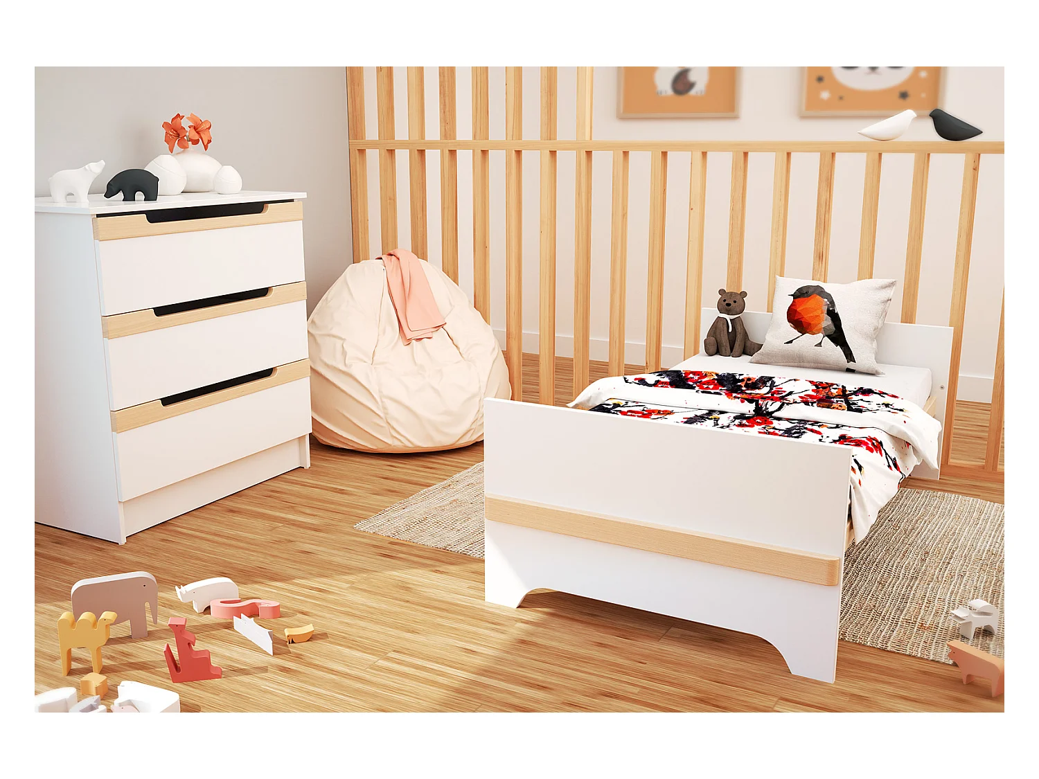 Erweiterbares Babybett CARROUSEL Holz Weiß und Buche Lackiert 70 x 140