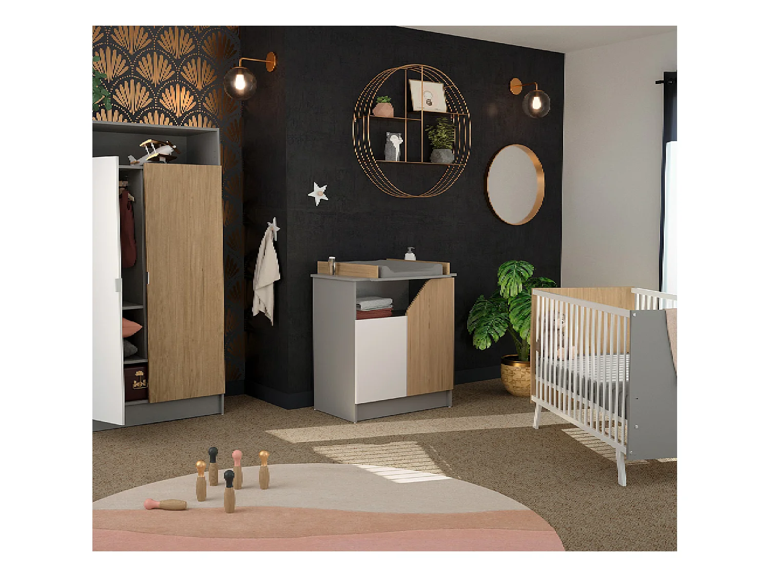 Lit bébé en bois CARNAVAL Blanc et Gris et Chêne 60 x 120 cm