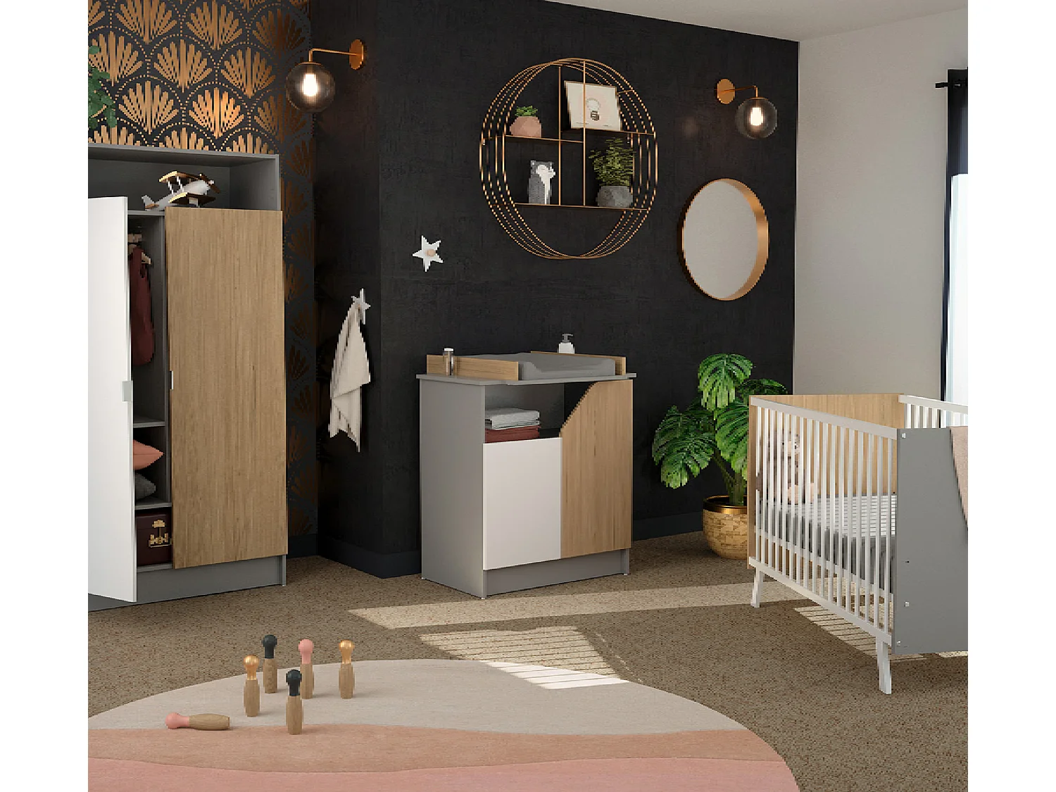 Babybett CARNAVAL Holz Weiß und Grau und Eiche 60 x 120