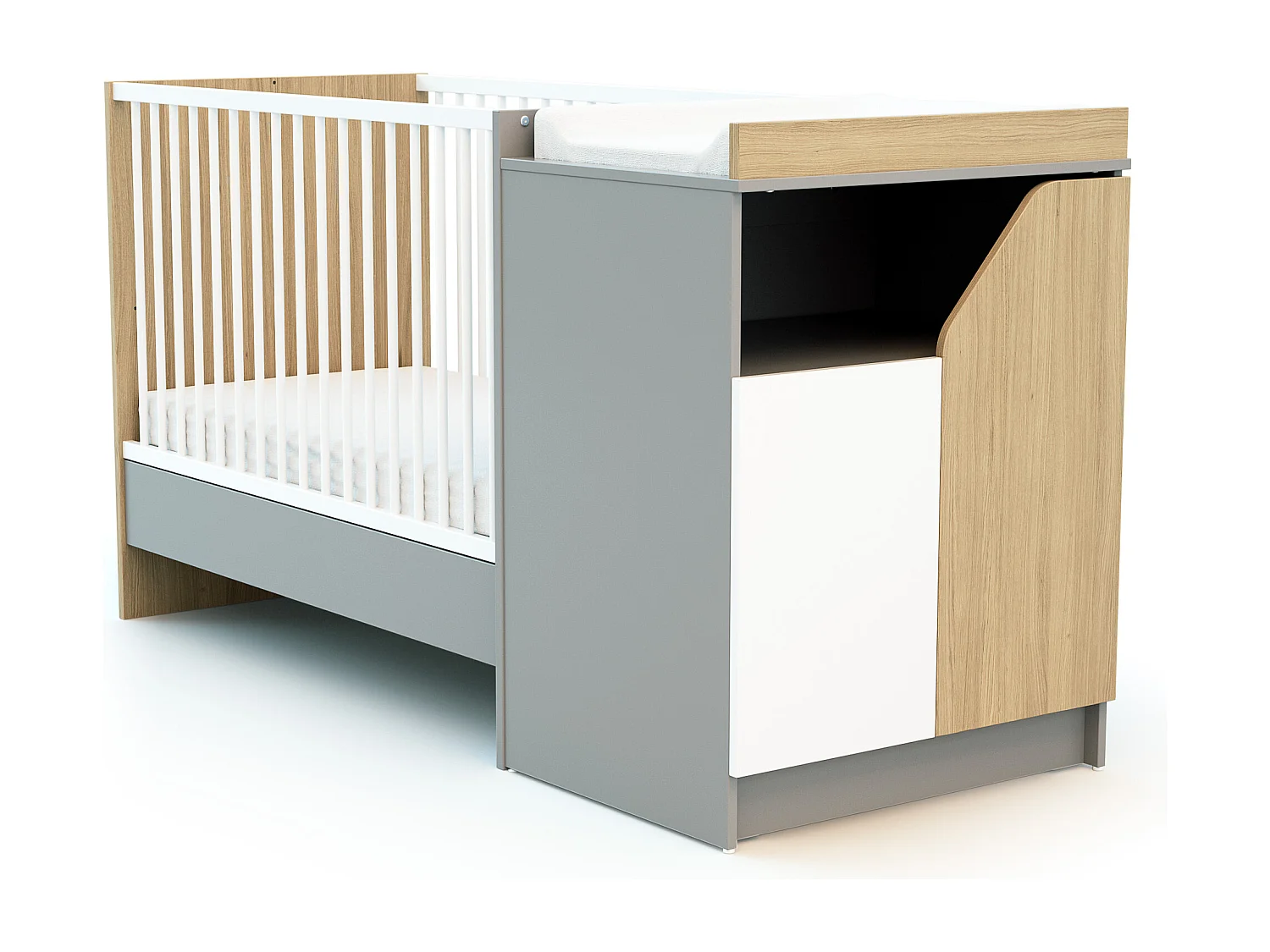 Combiné lit bébé évolutif en bois CARNAVAL Blanc et Gris et Chêne 60 x 120 cm