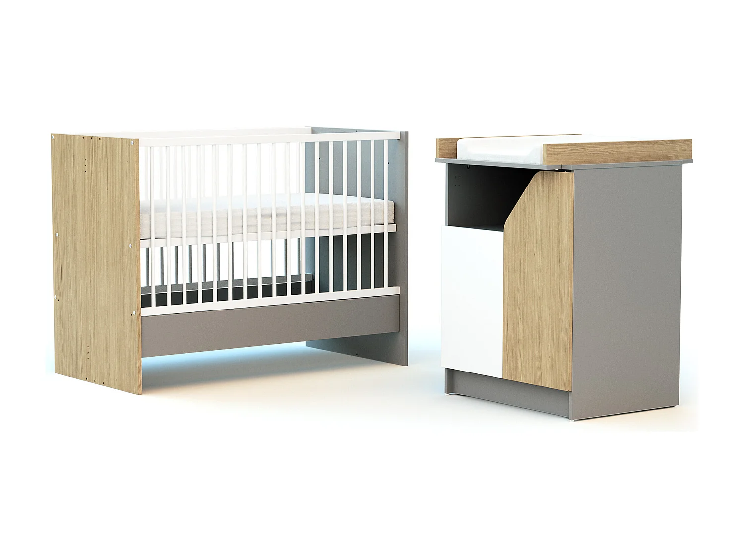 Combiné lit bébé évolutif en bois CARNAVAL Blanc et Gris et Chêne 60 x 120 cm