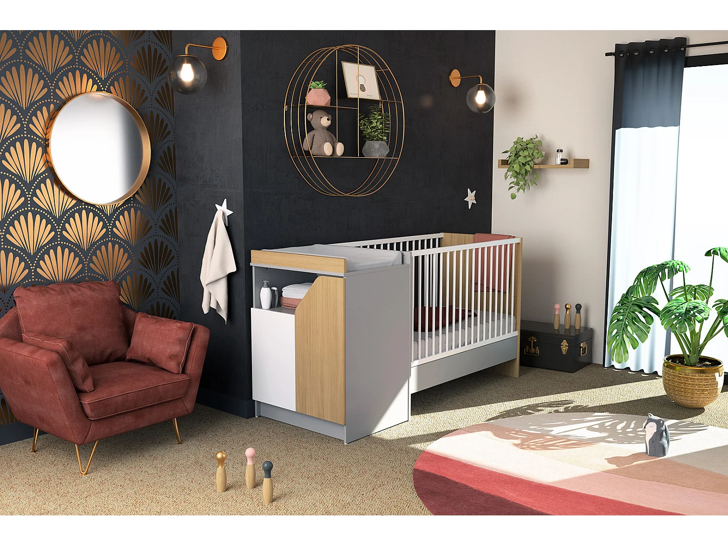 Combiné lit bébé évolutif en bois CARNAVAL Blanc et Gris et Chêne 60 x 120 cm