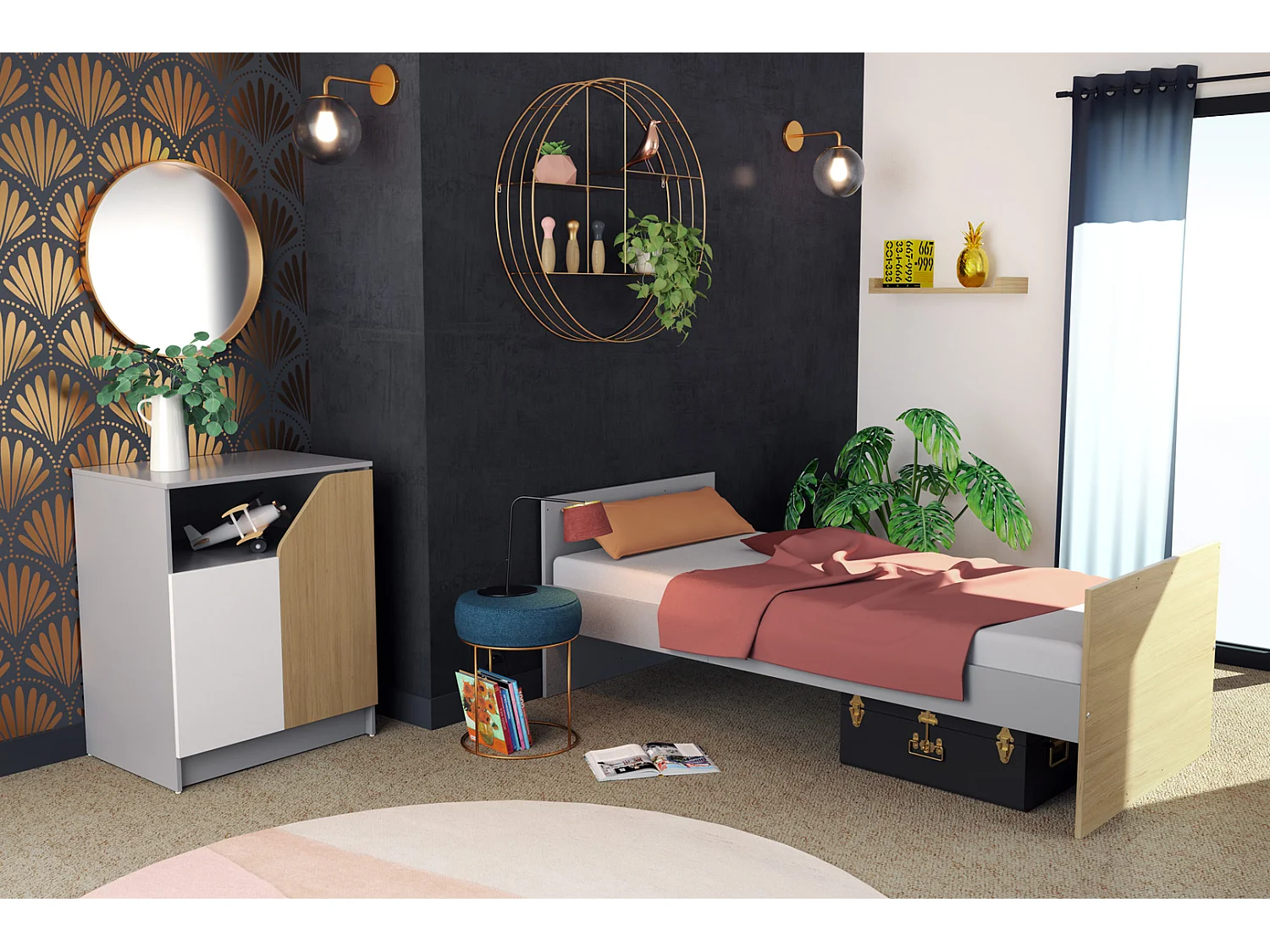 Combiné lit bébé évolutif en bois CARNAVAL Blanc et Gris et Chêne 60 x 120 cm