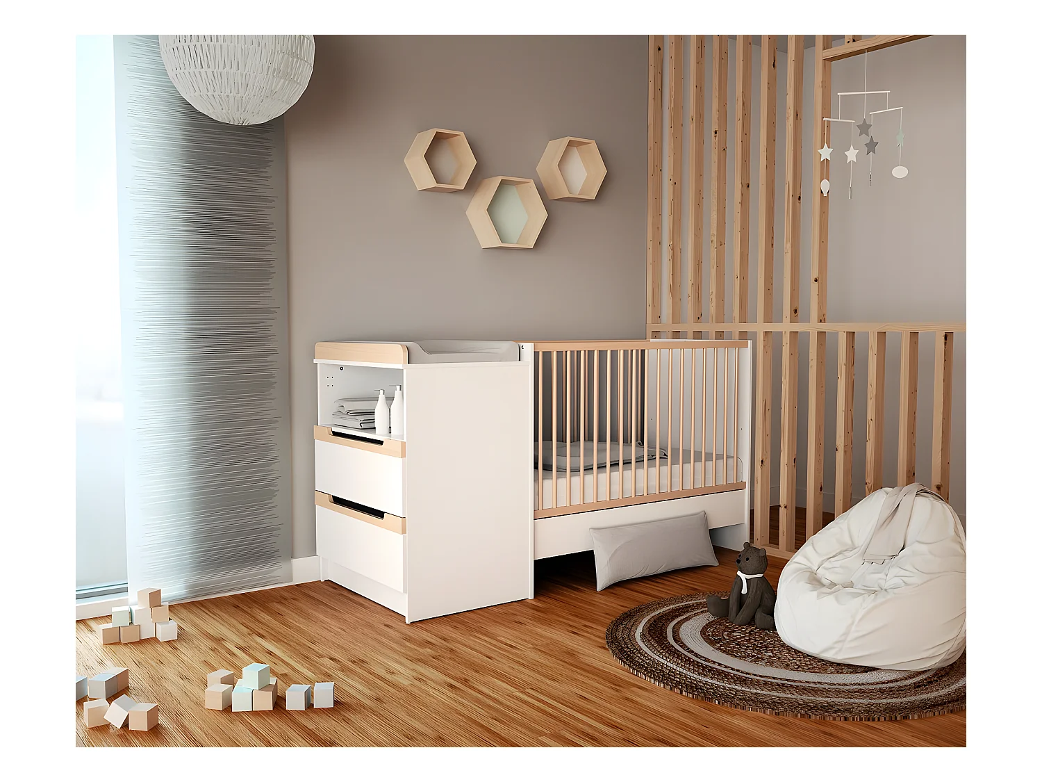 Babybett-Kombination mitwachsend CARROUSEL Holz Weiß und Buche Lackiert