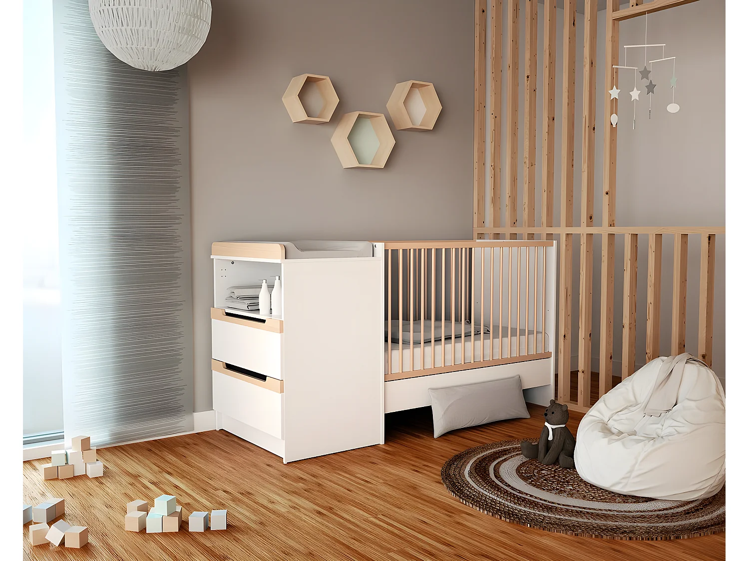 Babybett-Kombination mitwachsend CARROUSEL Holz Weiß und Buche Lackiert