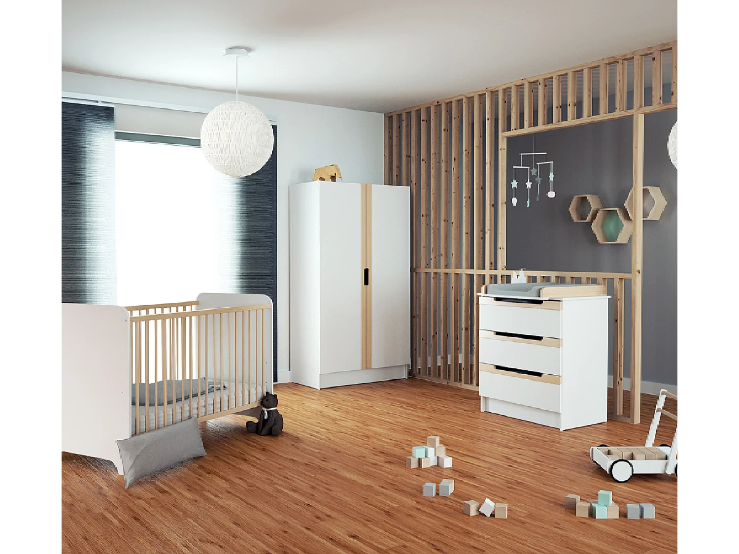 Babybett CARROUSEL Holz Weiß und Buche Lackiert 60 x 120