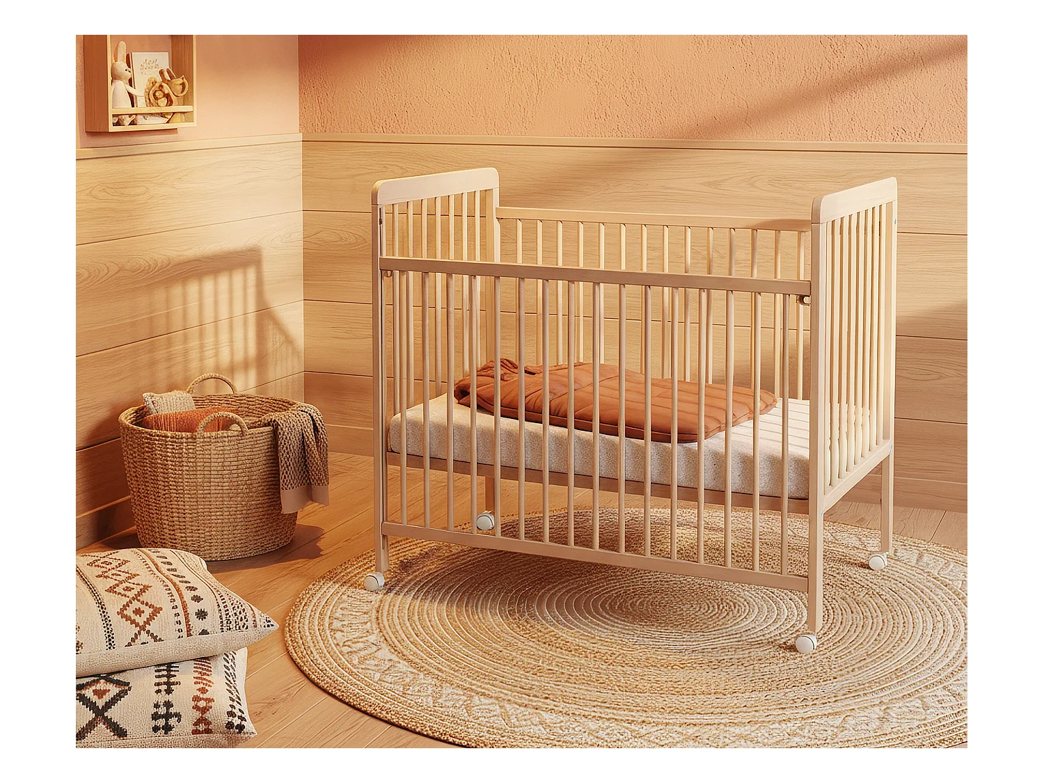 Cama de bebe lateral deslizante ESSENTIEL de madeira Faia envernizada 60 x 120 cm